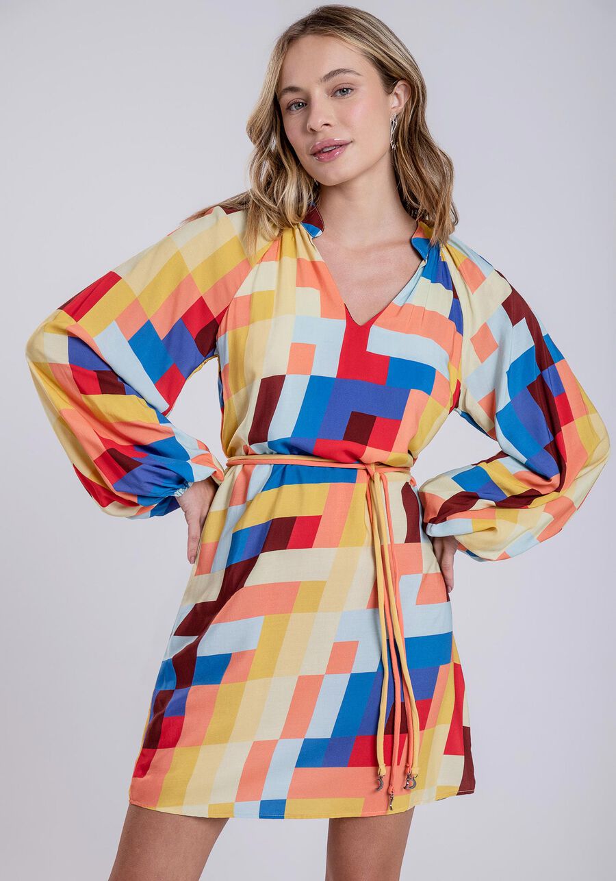 Vestido Curto Manga Bufante e Cinto, BALAO. Vestido Curto Manga Bufante e Cinto, BALAO, large.