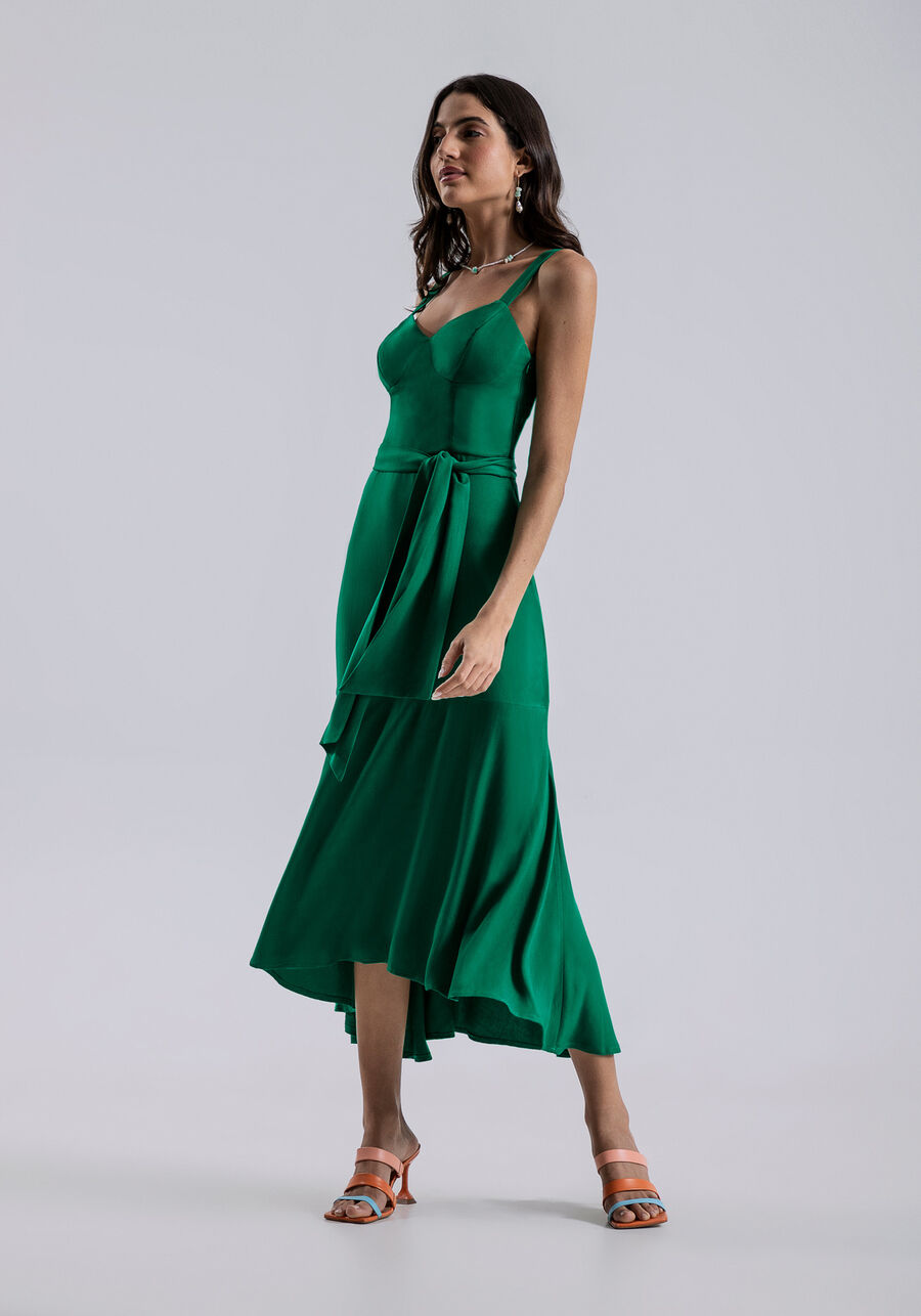Vestido Midi com Recorte Busto e Cinto, VERDE PANTANAL. Vestido Midi com Recorte Busto e Cinto, VERDE PANTANAL, large.