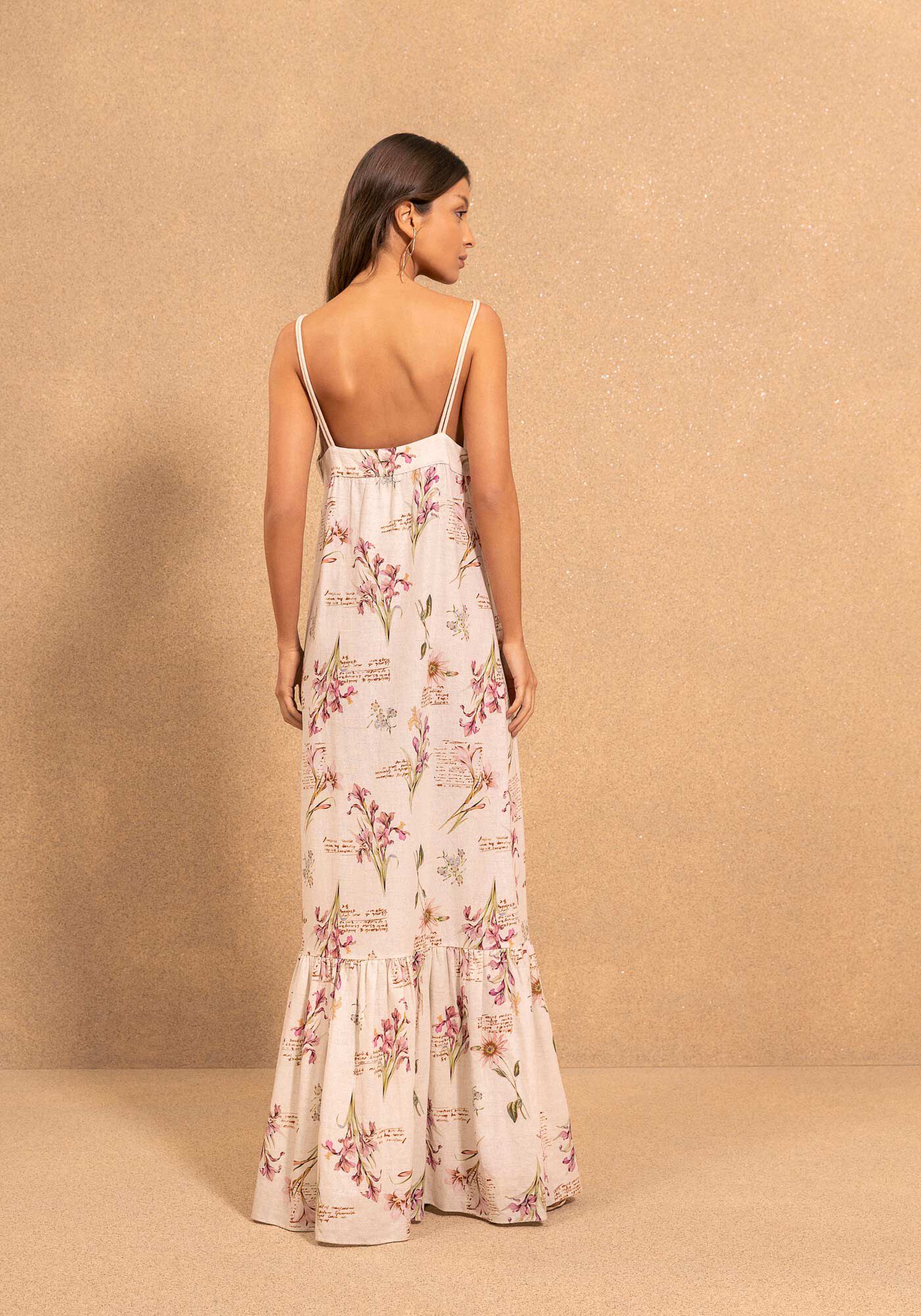 Vestido Longo Estampado De Al&ccedil;as Com Babado E Linho, POEMA BEGE, large.