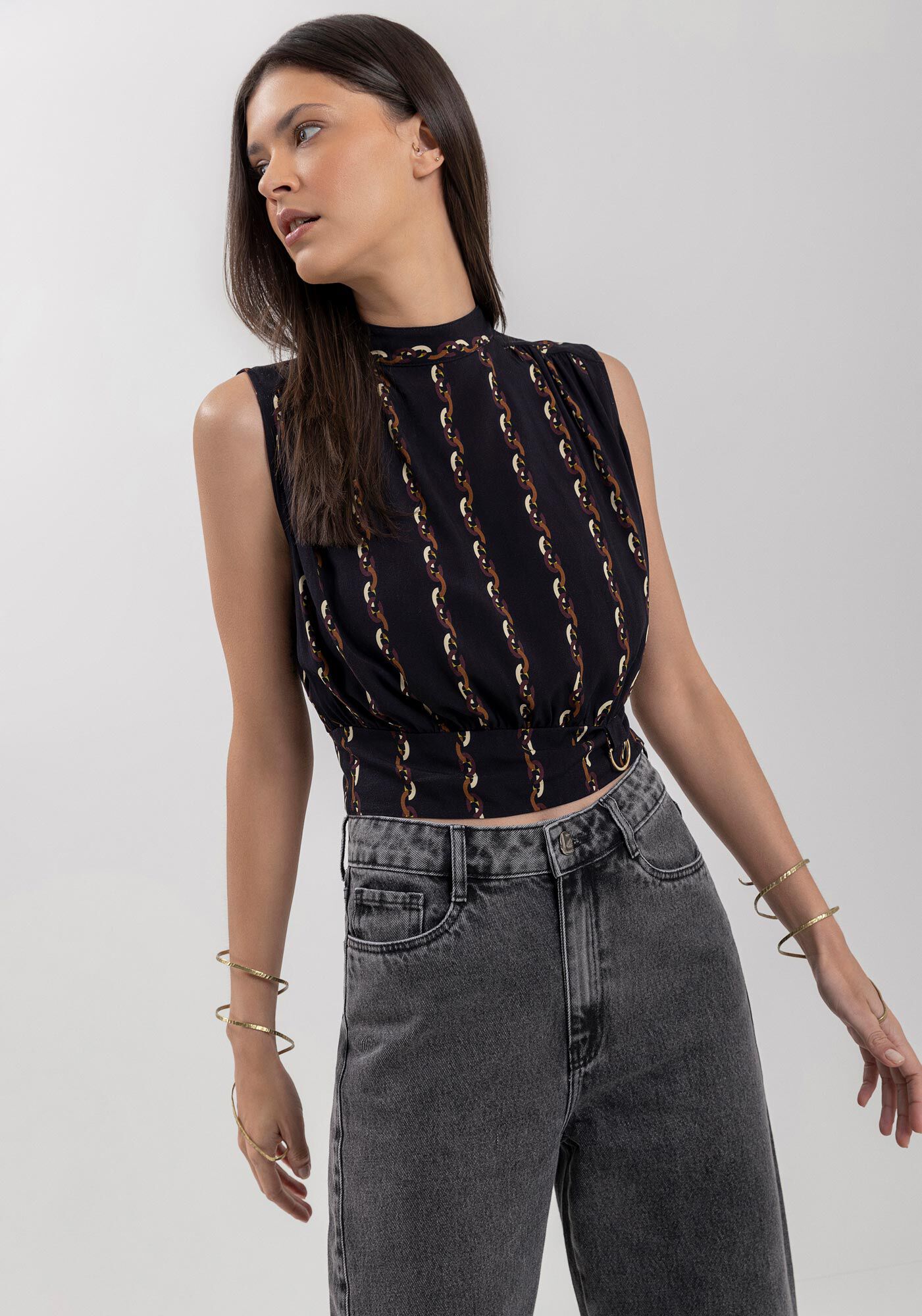 Blusa Curta Estampada Sem Mangas Com Amarra&ccedil;&atilde;o Na Gola, , large.