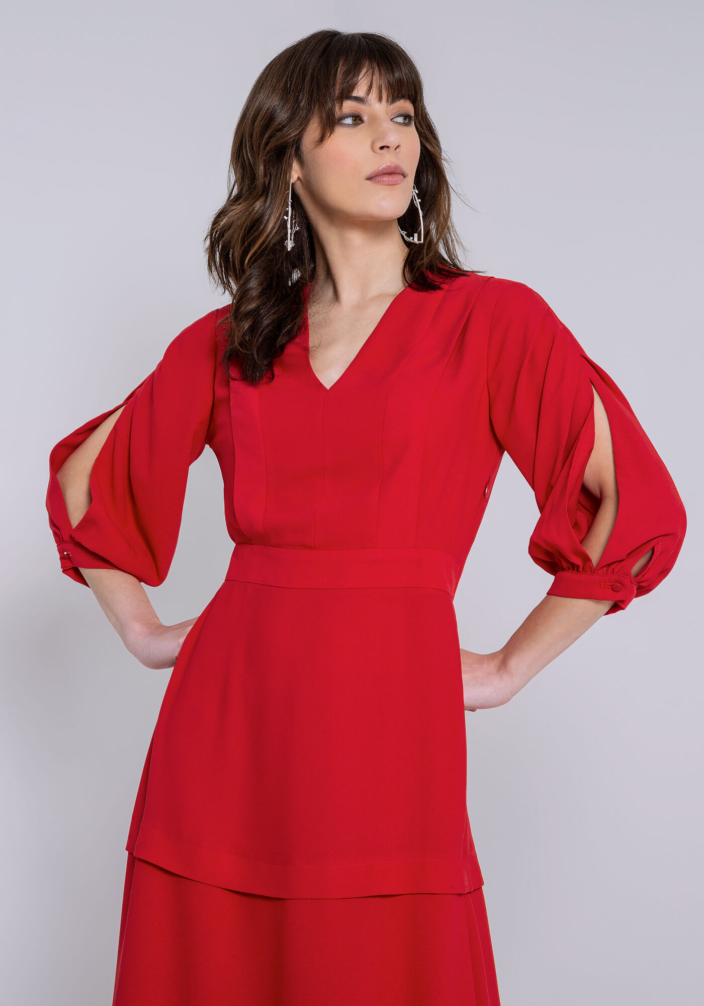 Vestido Crepe Manga 3/4 Midi com Pregas Decote, , large.