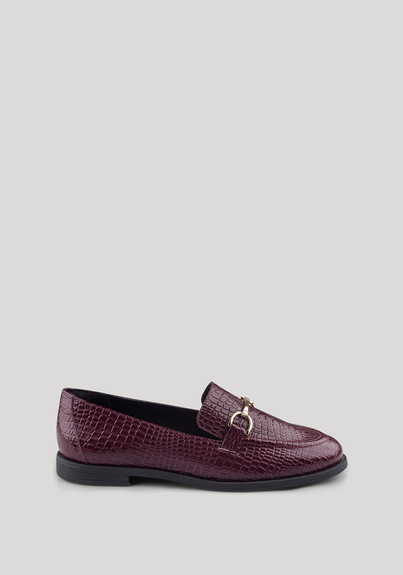 Mocassim Feminino Em Couro Croco Com Solado Baixo, BORDO, large.