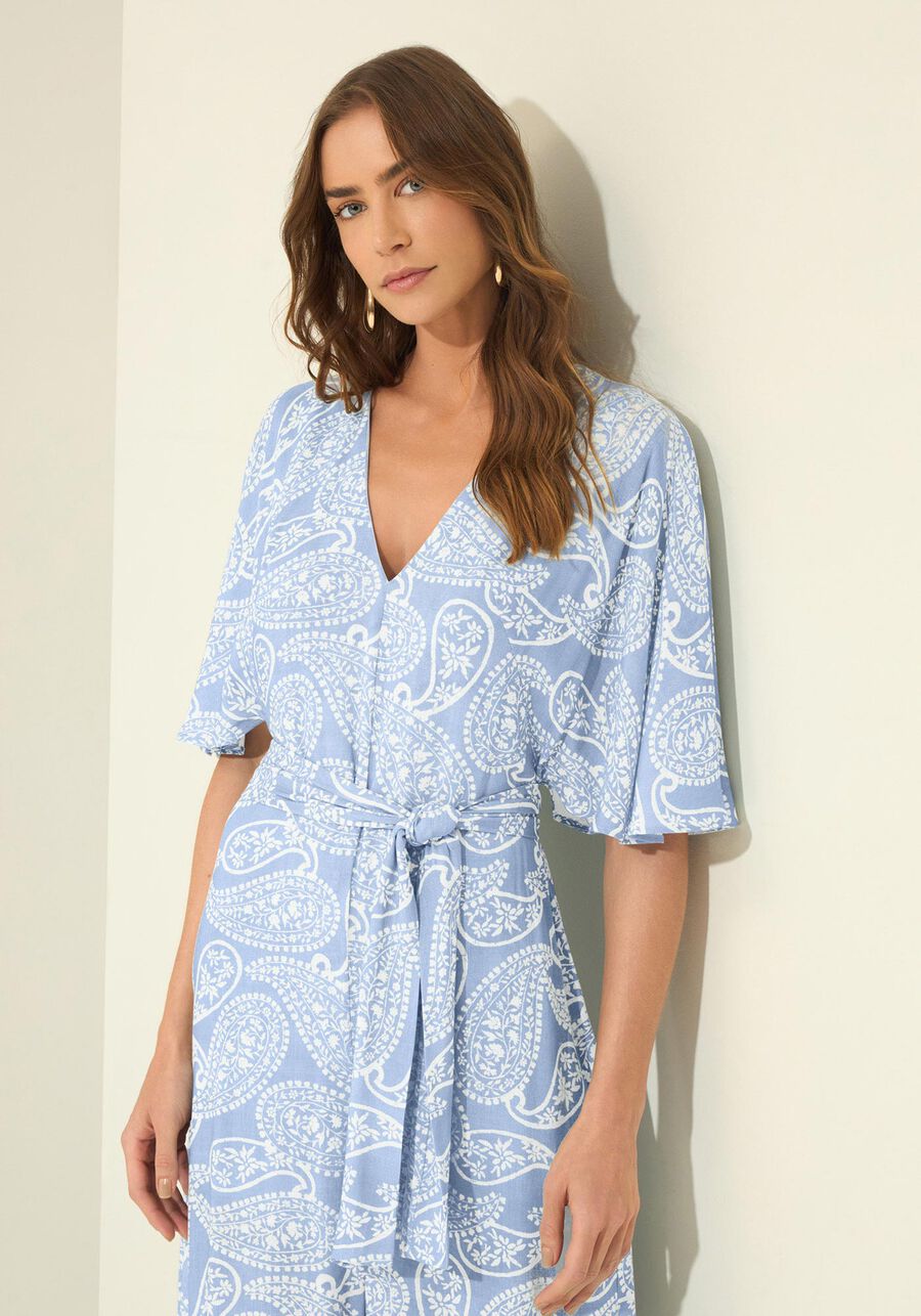 Macacão Longo Estampado Com Mangas Curtas E Cinto, ORNAMENTOS AZUL. Macacão Longo Estampado Com Mangas Curtas E Cinto, ORNAMENTOS AZUL, large.