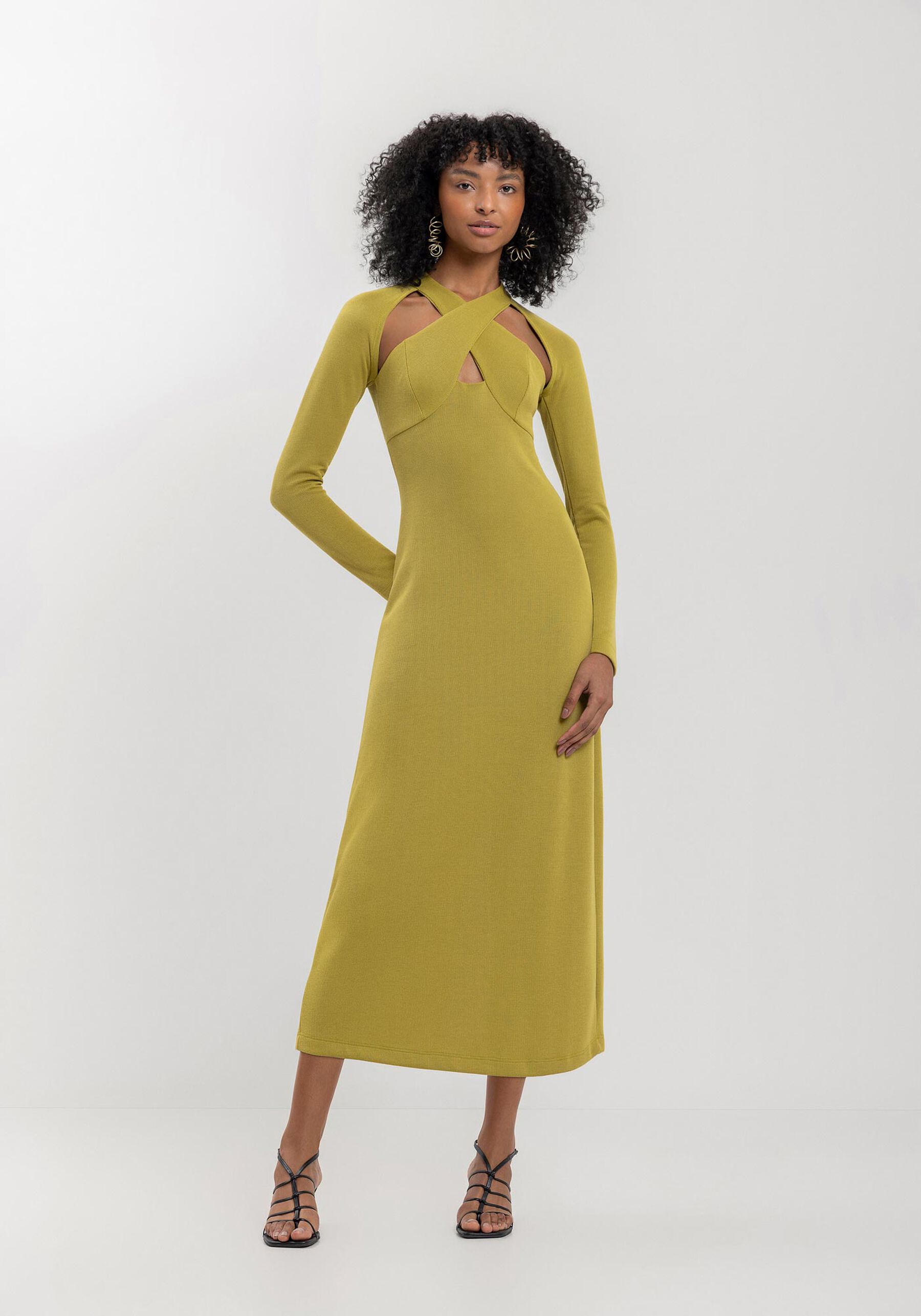 Vestido Midi Chá De Mangas Longas Com Recortes Frontais, . Vestido Midi Chá De Mangas Longas Com Recortes Frontais, , large.