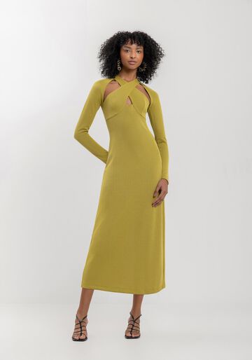 Vestido Midi Chá De Mangas Longas Com Recortes Frontais, VERDE NEW SOFT. Vestido Midi Chá De Mangas Longas Com Recortes Frontais, VERDE NEW SOFT, large.
