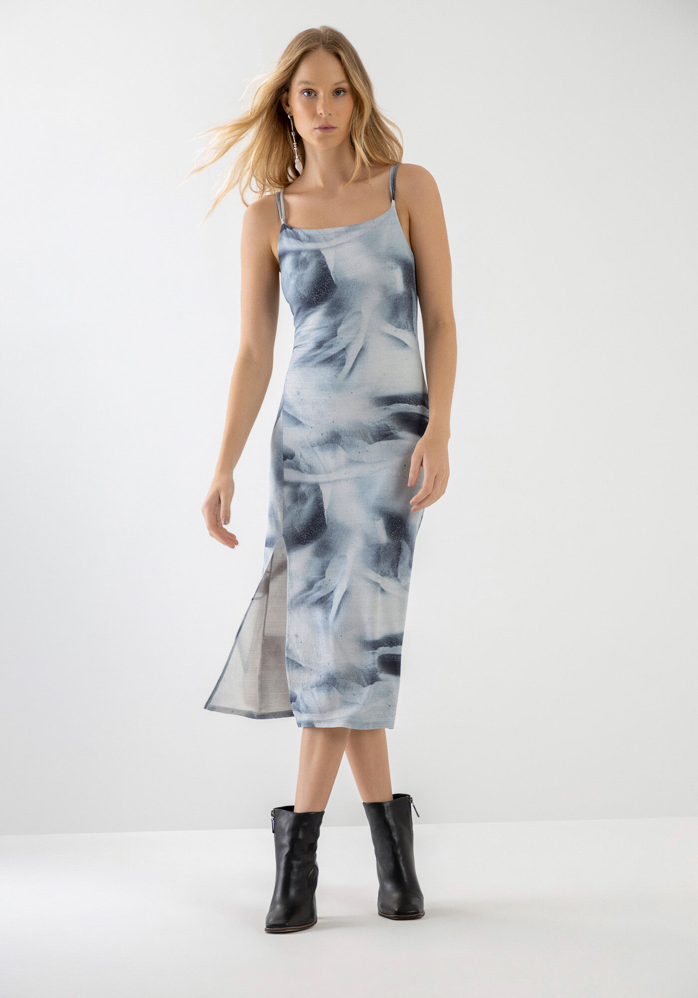 Vestido Midi Estampado em Malha com Fenda, , large.