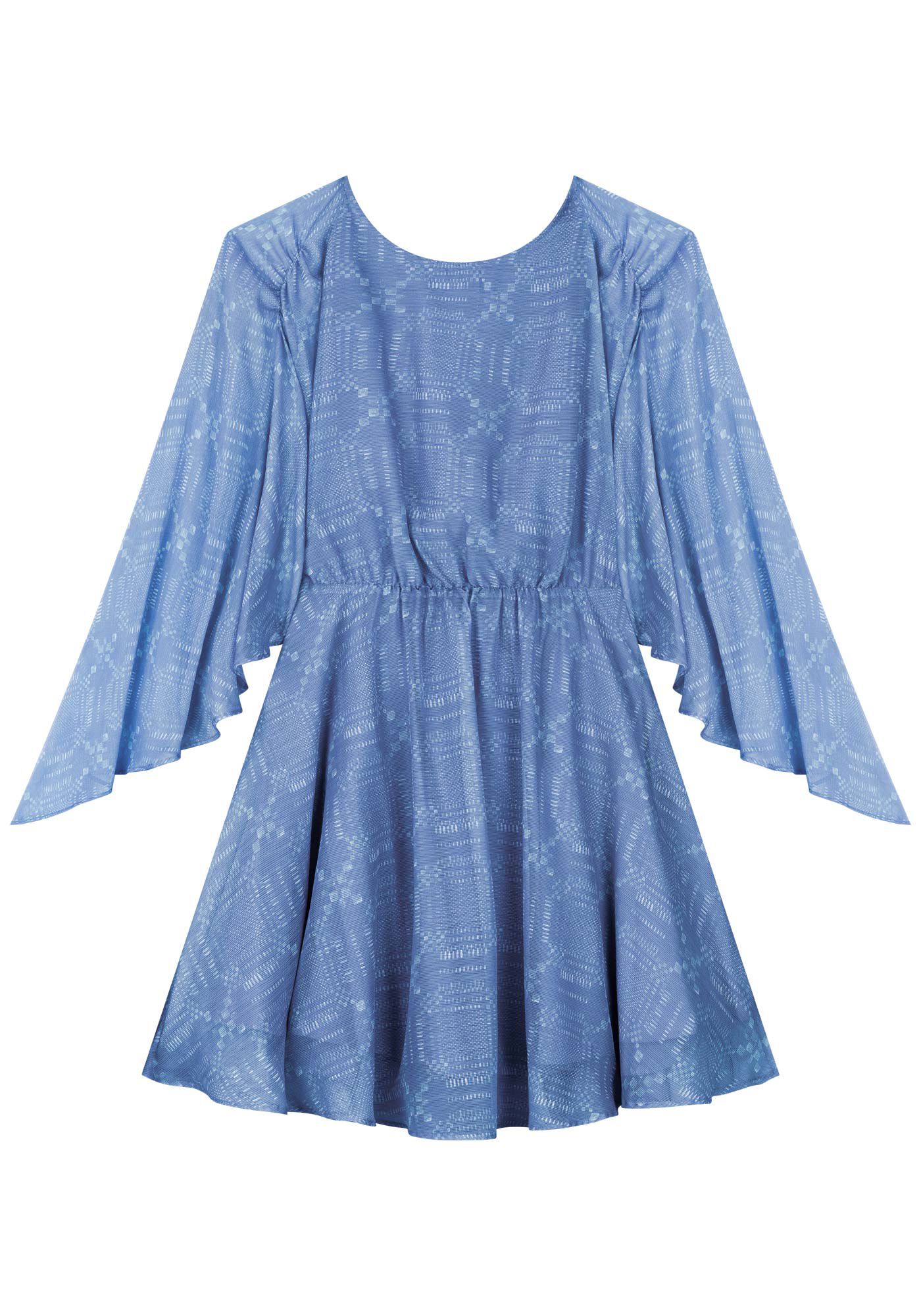 Vestido Curto Fluido Com Mangas Amplas E Transpar&ecirc;ncia, CHECK AZUL, large.