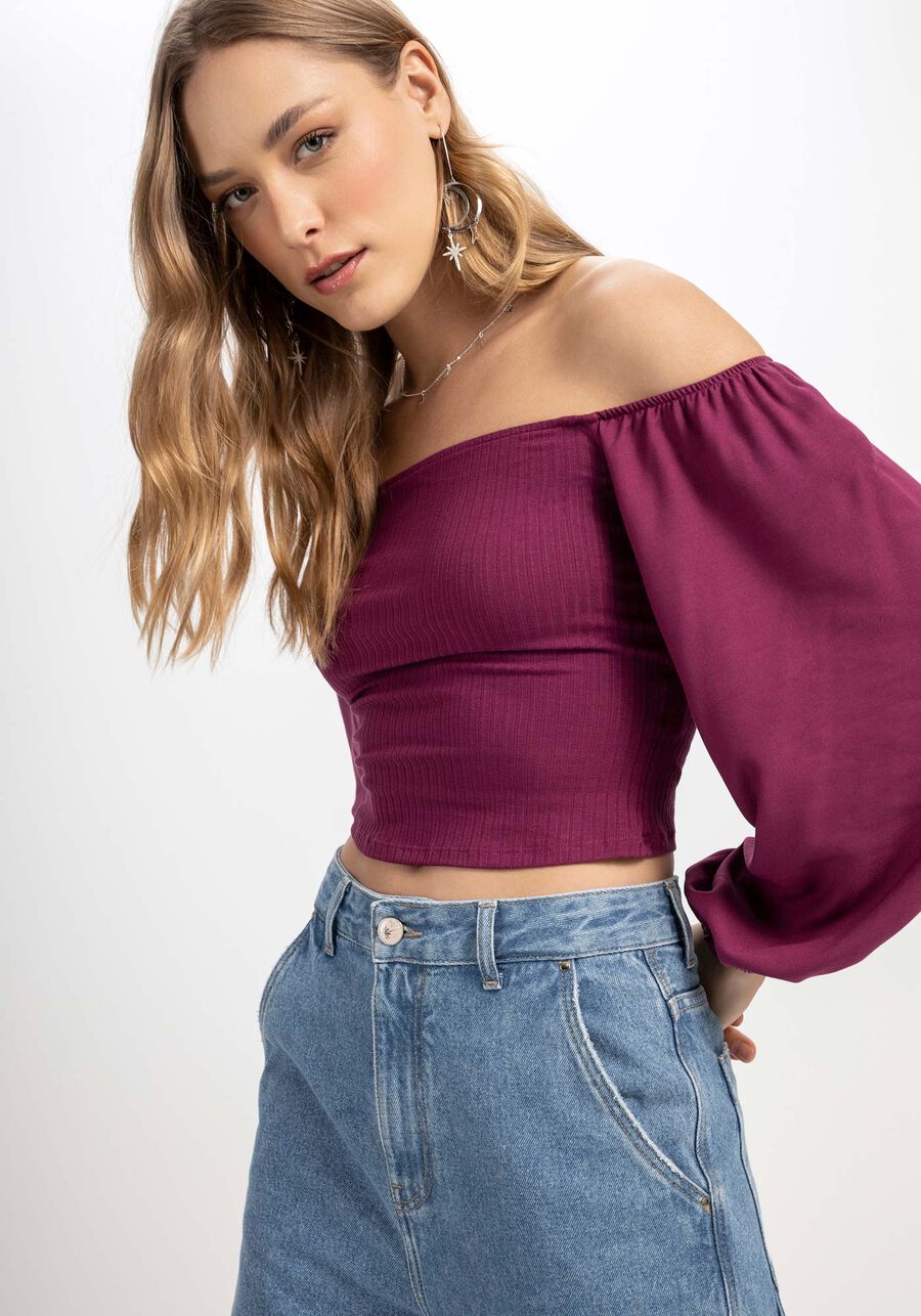 Blusa Ombro a Ombro com Manga Bufante, . Blusa Ombro a Ombro com Manga Bufante, , large.