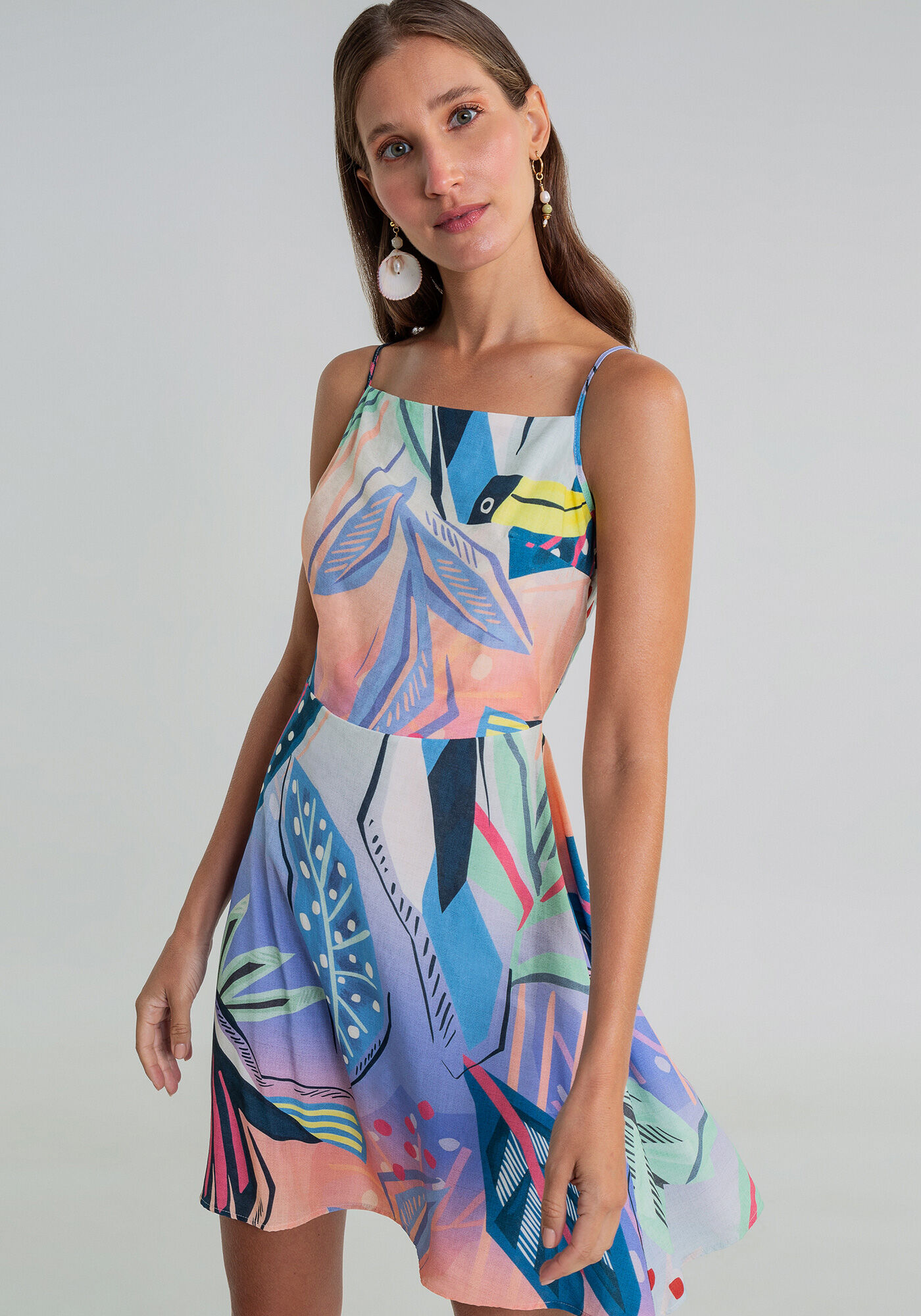 Vestido com Al&ccedil;as Curto Estampa Caraiva, , large.