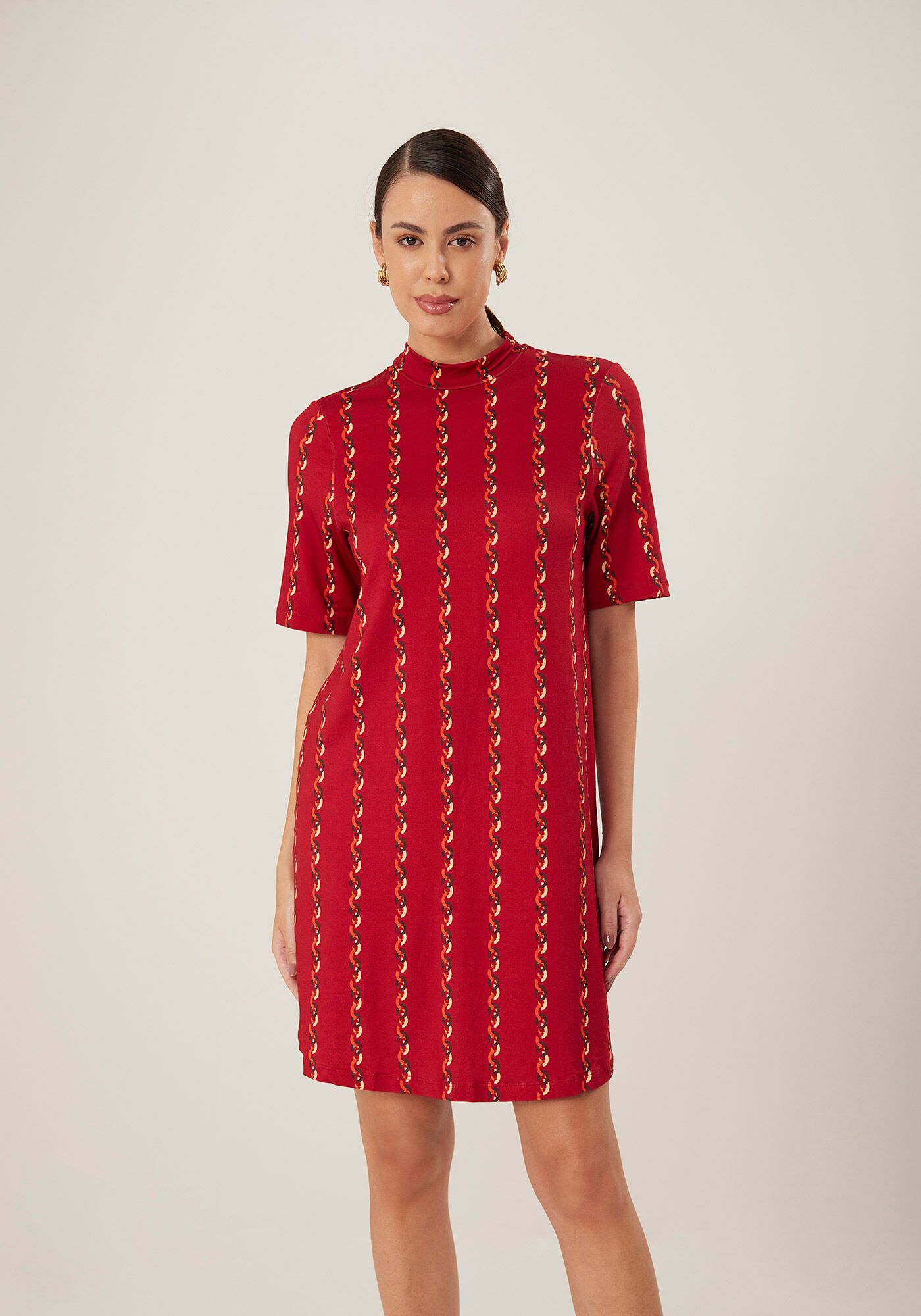 Vestido Curto Estampado Com Gola Alta Em Moletom De Viscose, , large.