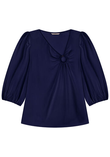 Blusa Manga 3/4 em Crepe com Detalhe Decote, AZUL STARRY. Blusa Manga 3/4 em Crepe com Detalhe Decote, AZUL STARRY, large.
