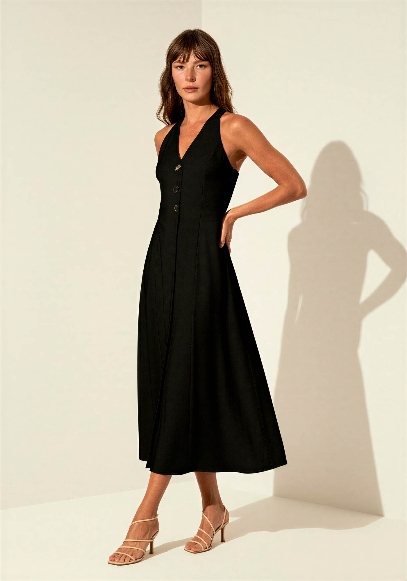 Vestido Evas&ecirc; Com Decote Em V E Z&iacute;per Lateral, PRETO, large.