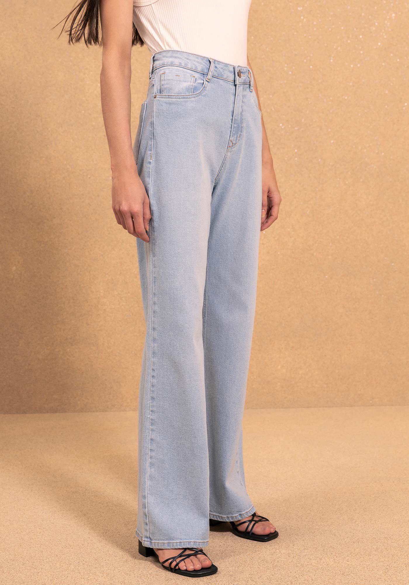 Cal&ccedil;a Jeans Wide Leg Comfort Com Elastano E Cintura Alta, JEANS CLARO, large.