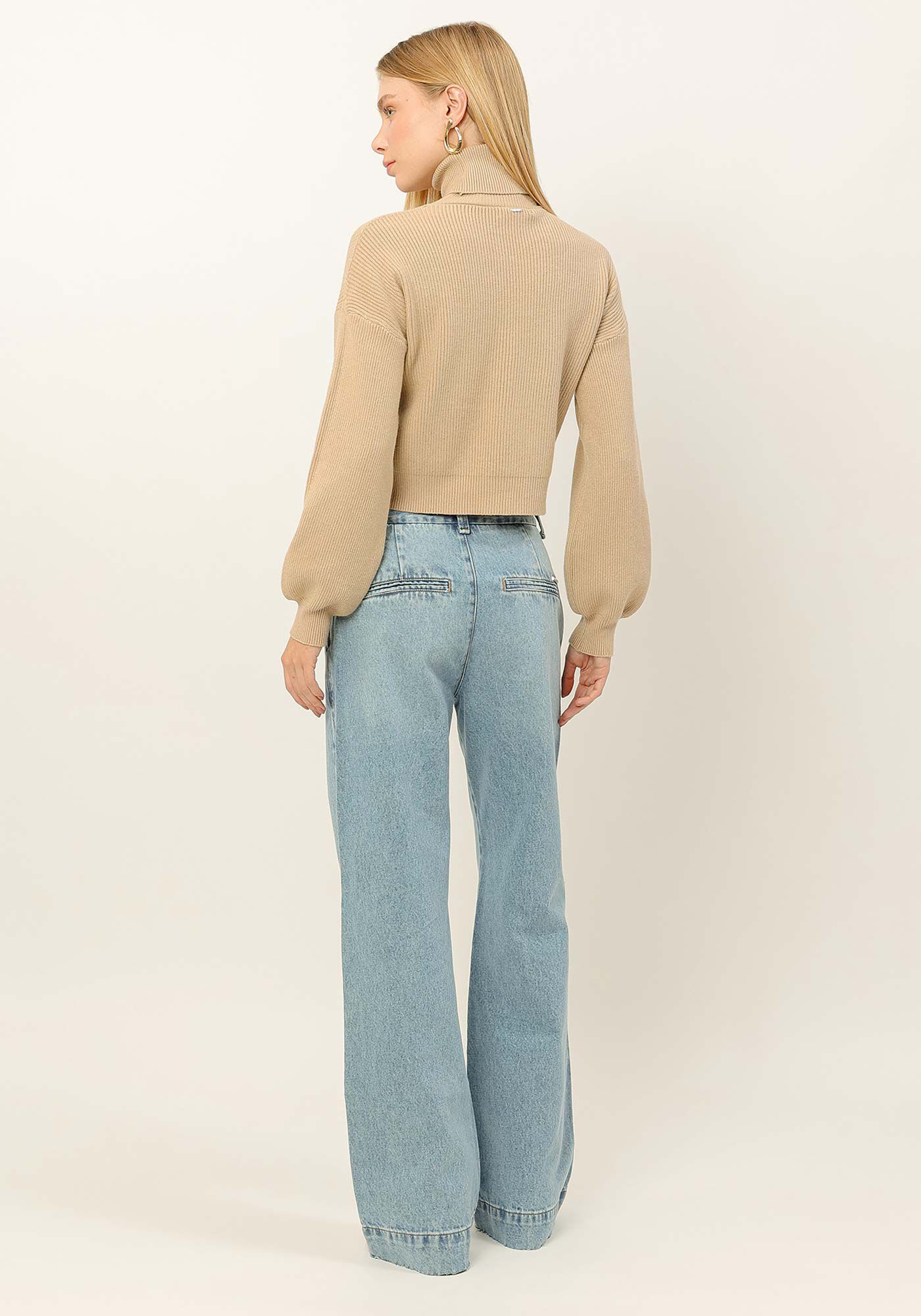 Blus&atilde;o Gola Alta em Tric&ocirc; com Manga Bufante, , large.