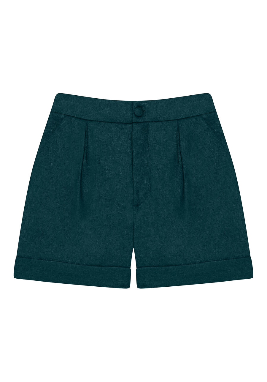 Shorts Cintura Média Pregas Linho, VERDE. Shorts Cintura Média Pregas Linho, VERDE, large.