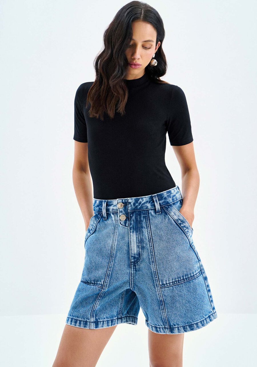 Shorts Jeans Baggy com Detalhe Cós, . Shorts Jeans Baggy com Detalhe Cós, , large.