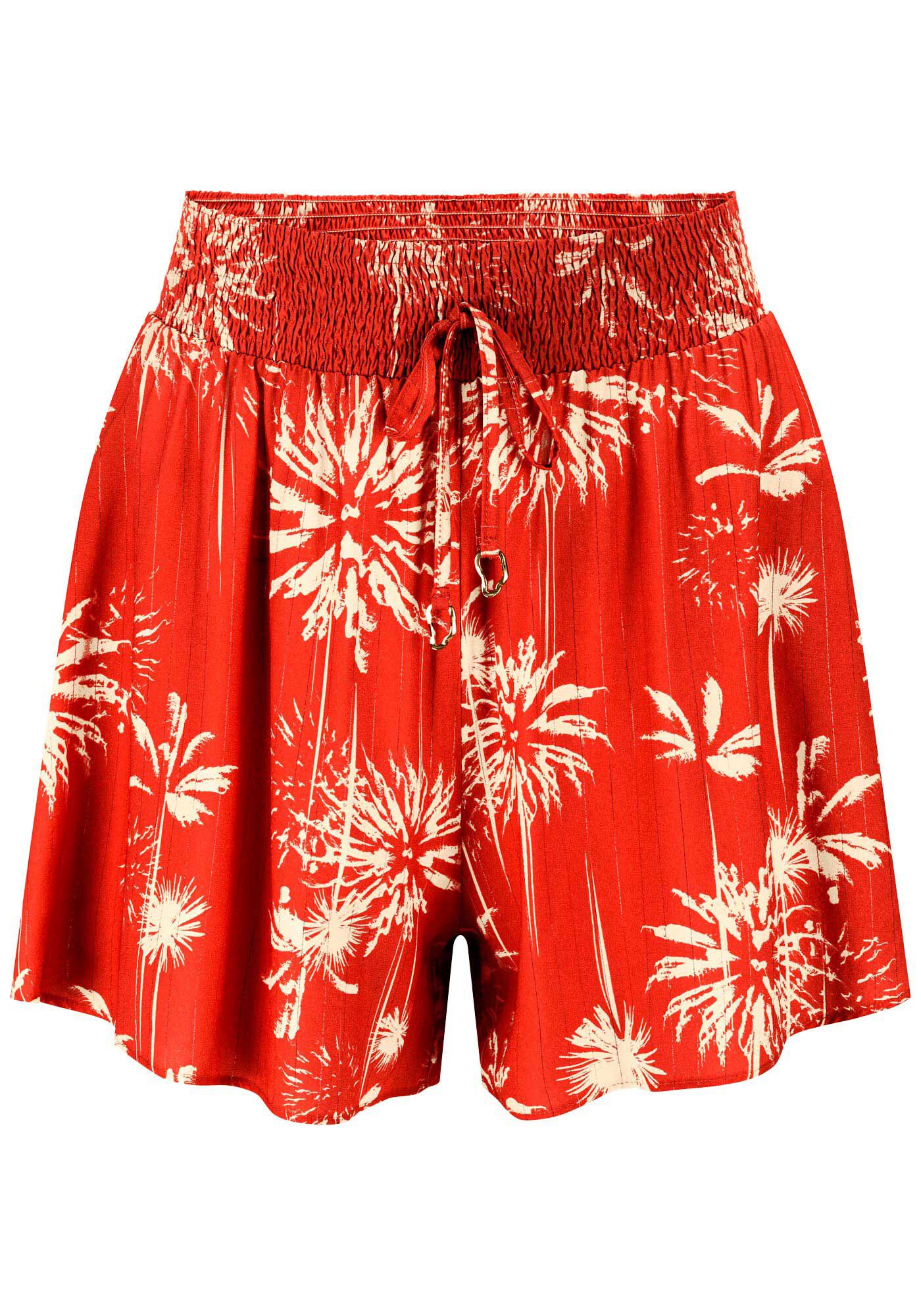 Shorts Estampado em Viscose Lurex com Lastex C&oacute;s, DATE PALMS VERMELHO, large.