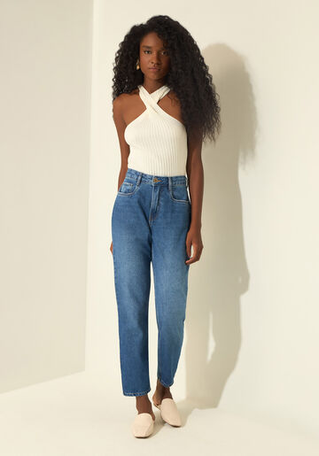 Calça Mom Jeans De Cintura Alta Com Bolsos, JEANS. Calça Mom Jeans De Cintura Alta Com Bolsos, JEANS, large.