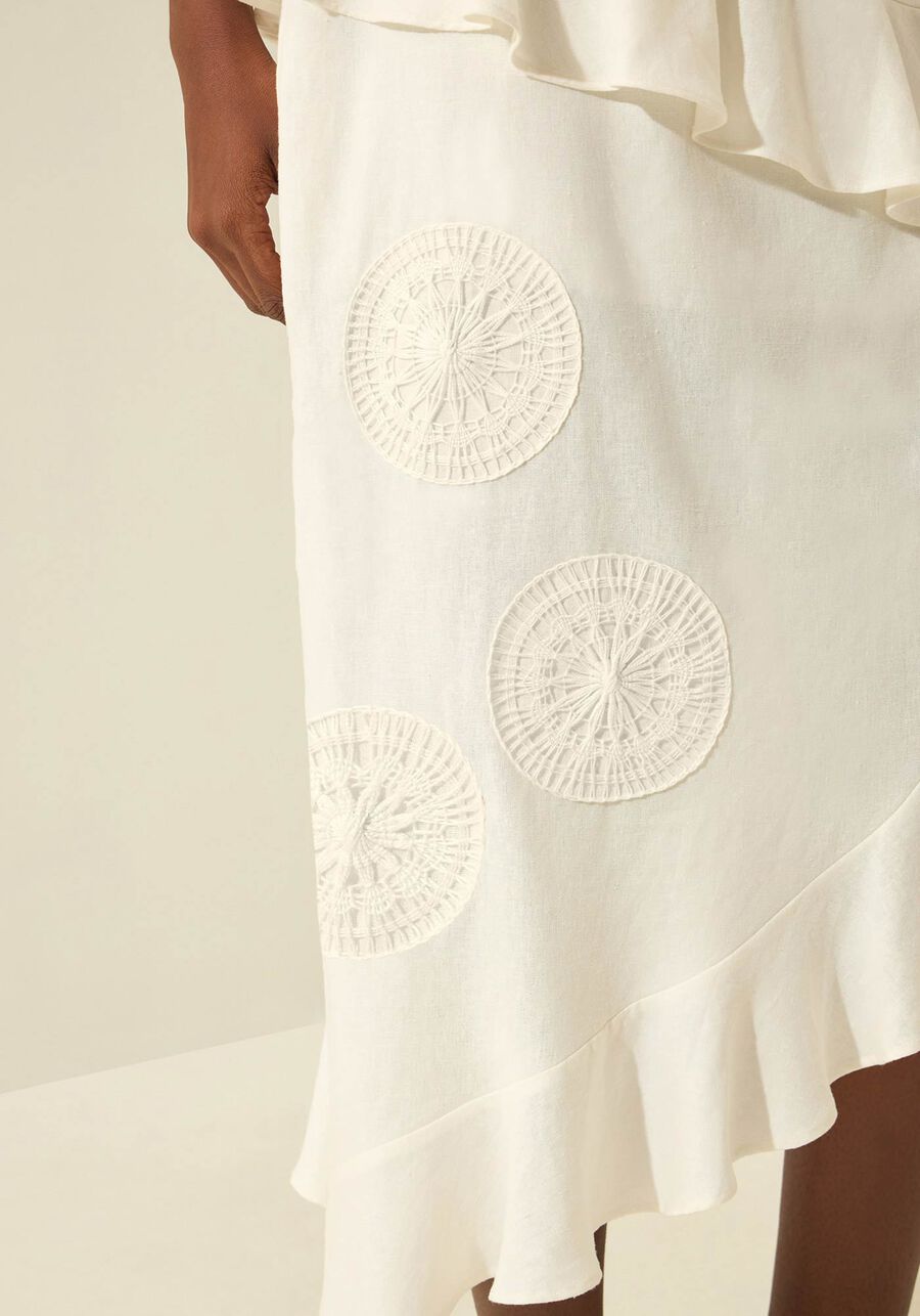 Saia Chá Assimétrica Com Babados E Renda Tenerife, BRANCO OFF WHITE. Saia Chá Assimétrica Com Babados E Renda Tenerife, BRANCO OFF WHITE, large.