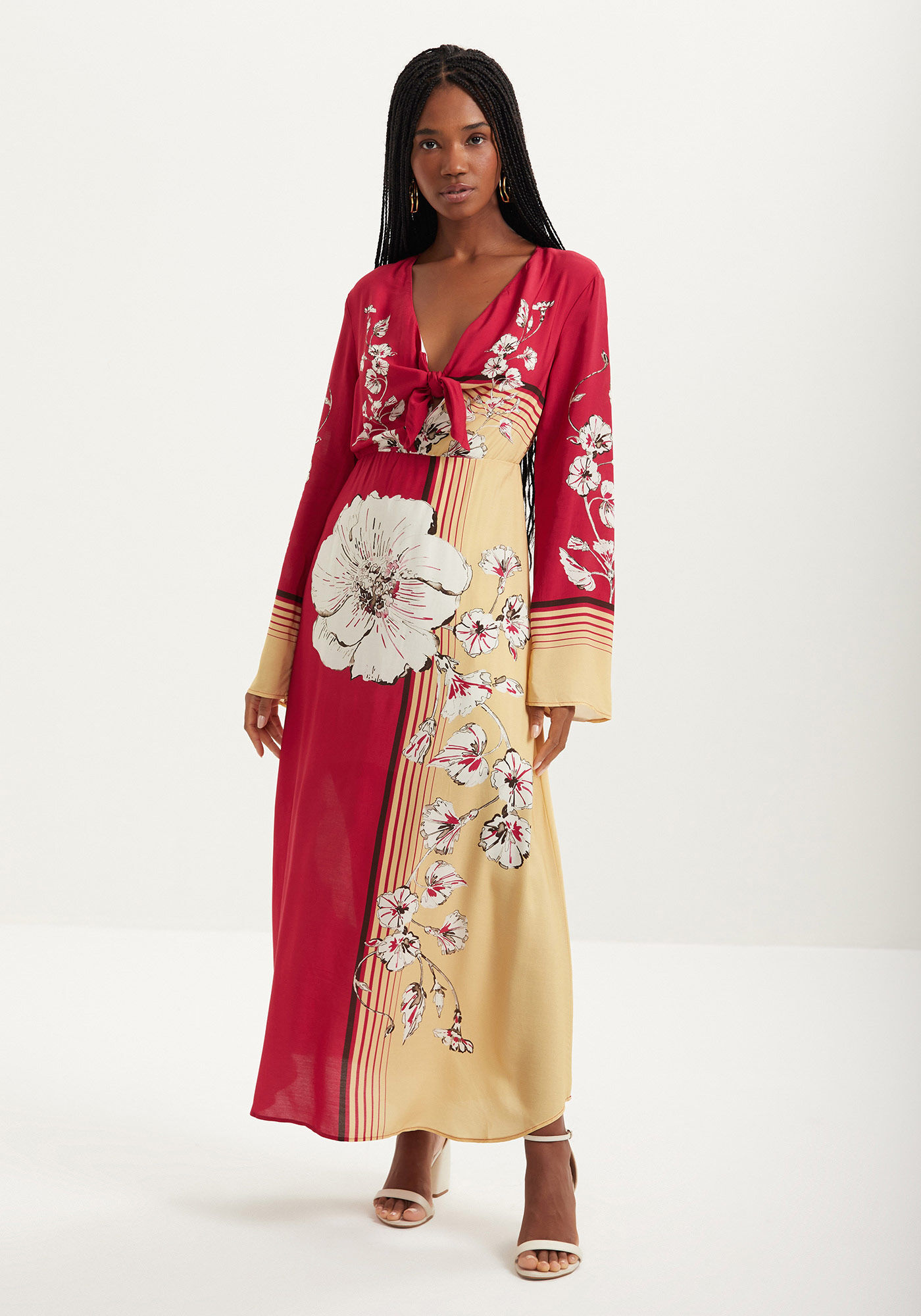 Vestido Longo Evas&ecirc; Estampado Com Manga Longa E N&oacute;, LILY VERMELHO, large.