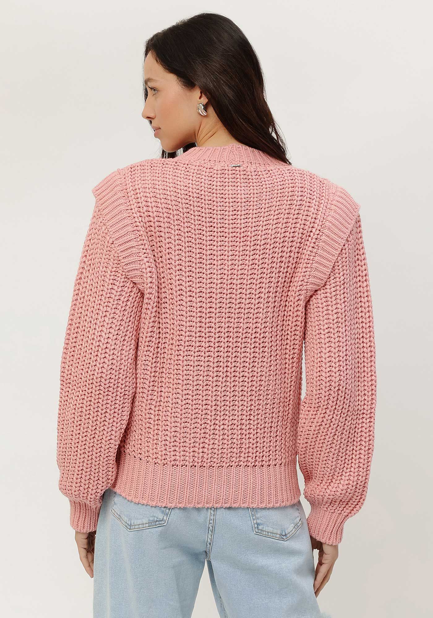 Blus&atilde;o Manga Longa em Tric&ocirc; com Recorte Ombros, SALMAO SENSACAO, large.