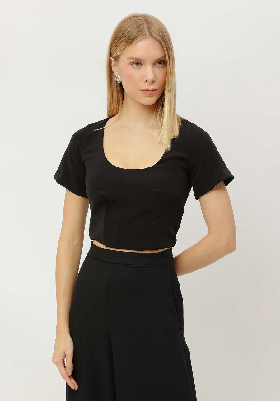 Blusa Cropped em Tecido Plano com Manga Curta, . Blusa Cropped em Tecido Plano com Manga Curta, , large.