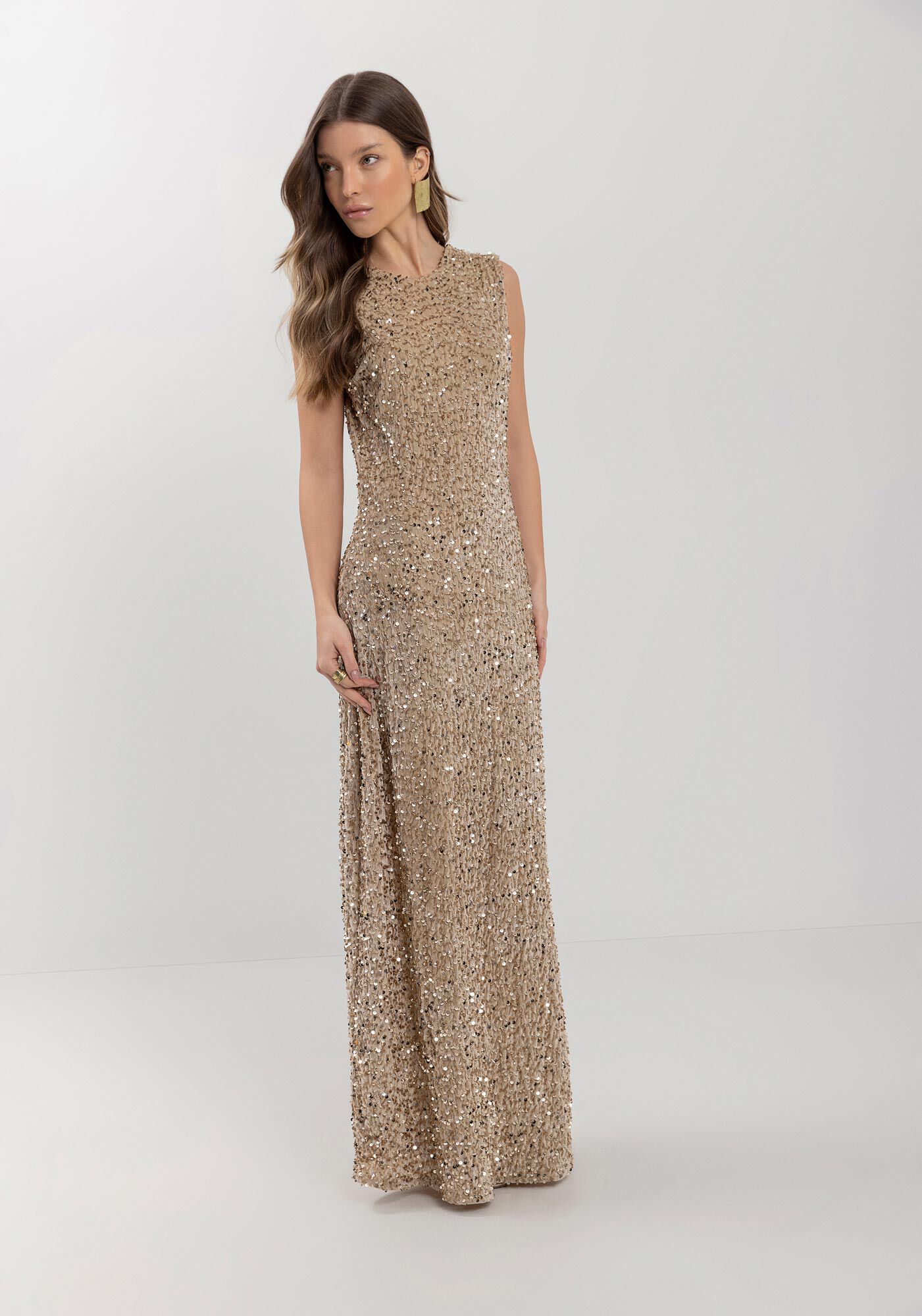 Vestido Longo Com Decote Costas Em Malha De Veludo Com Paet&ecirc;, BEGE CENTURY, large.