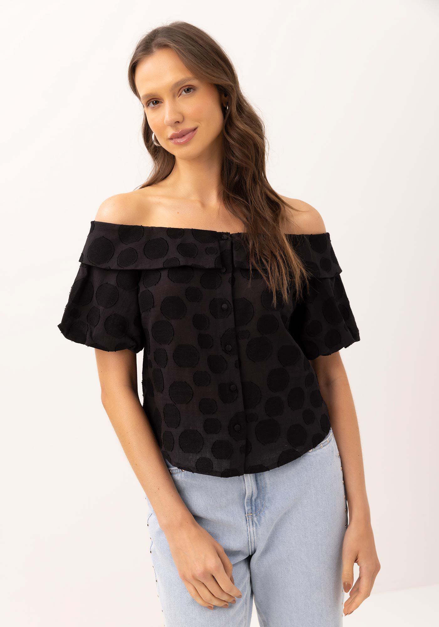 Blusa Ombro a Ombro em Cotton Po&aacute; com Babados, , large.