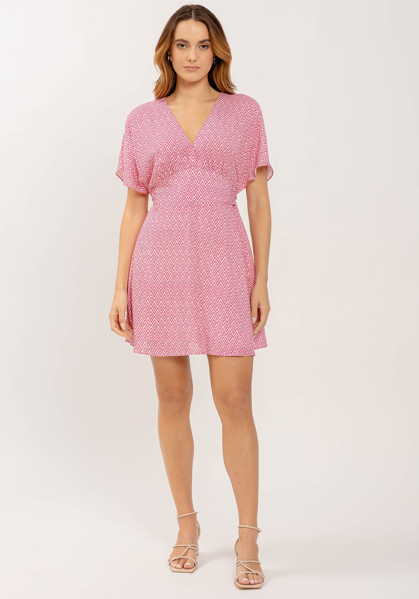 Vestido Curto Estampado com Recorte Cintura, , large.