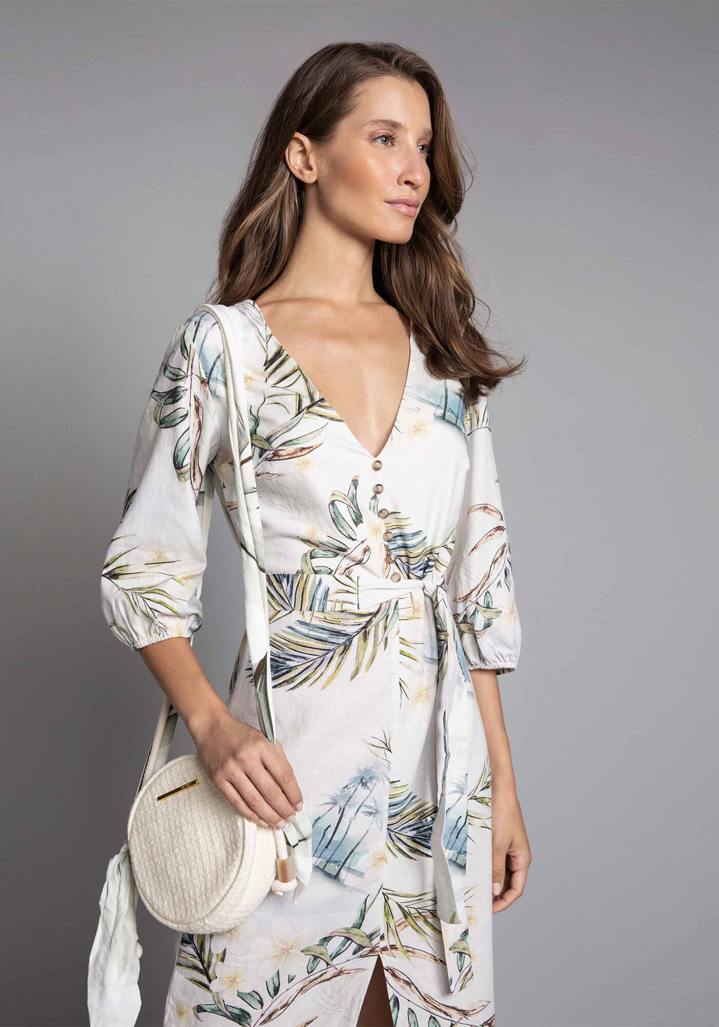 Vestido M&iacute;di Manga 3/4 Linho, , large.