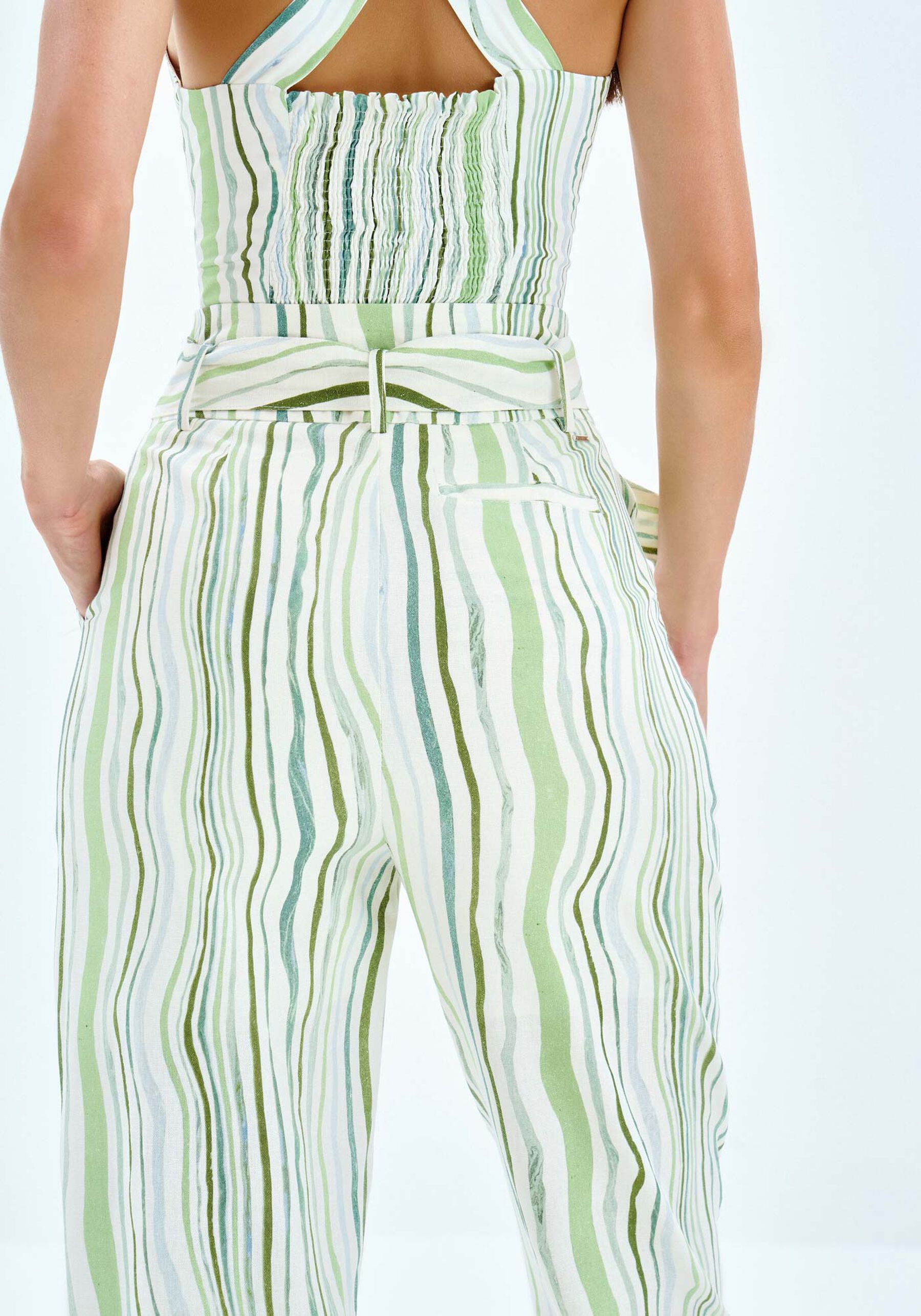 Calça Reta em Linho Estampada com Cinto, BREEZE. Calça Reta em Linho Estampada com Cinto, BREEZE, large.