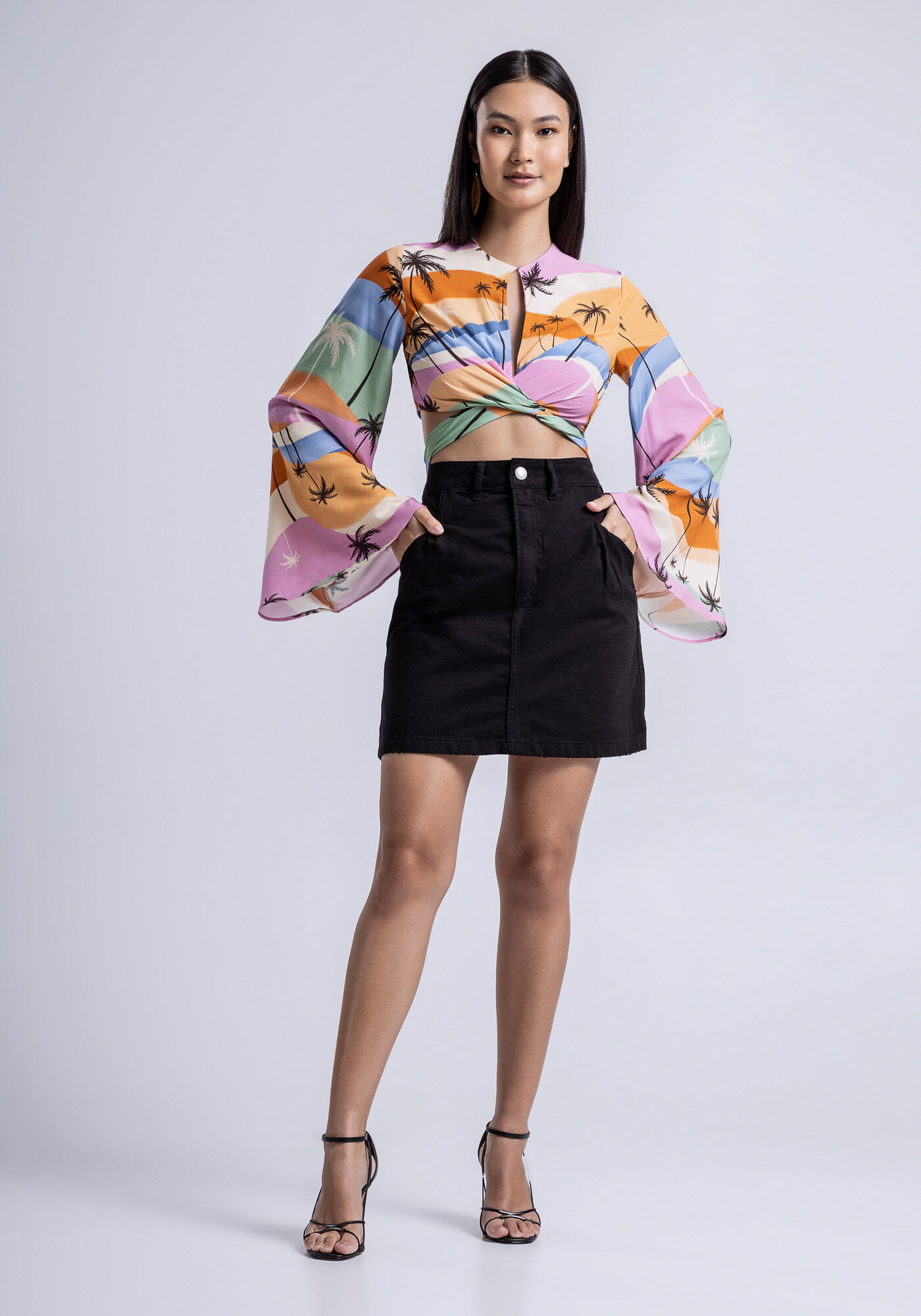 Saia Sarja Curta com Cintura Alta, , large.