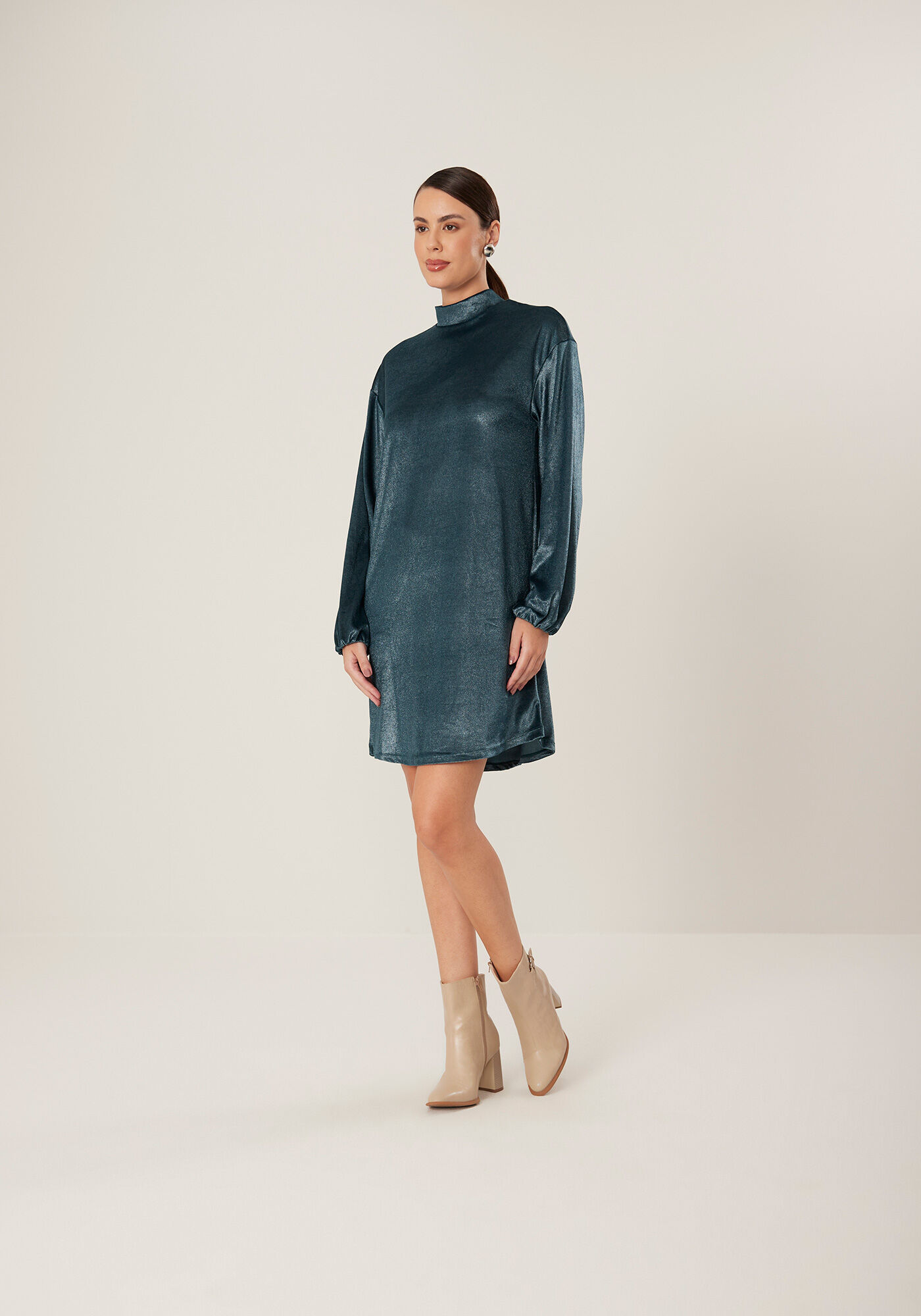Vestido Curto De Mangas Longas Em Malha De Veludo, VERDE CERES, large.