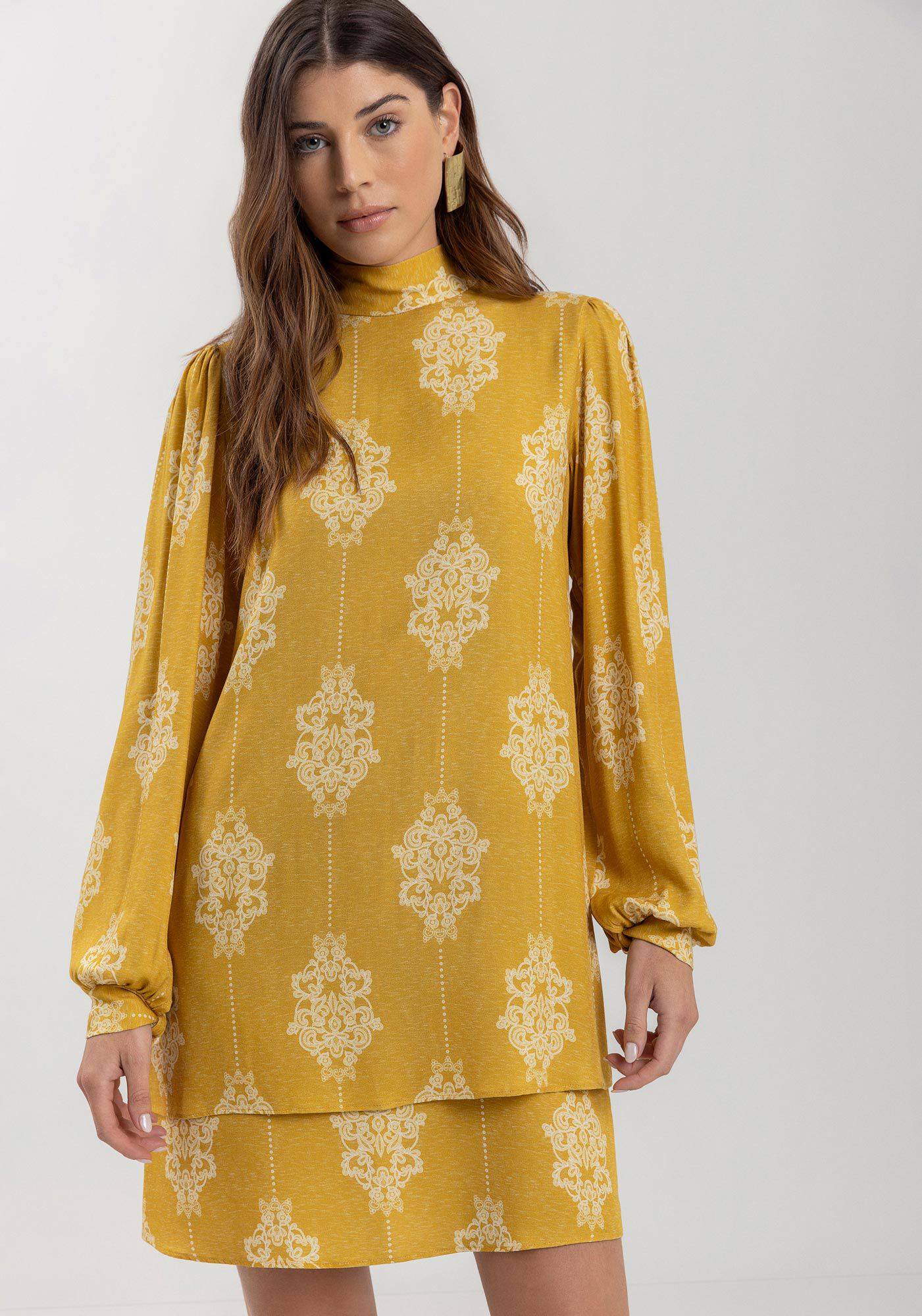 Vestido Curto Estampado Com Mangas Amplas E Gola Alta, CUTWORK VERDE, large.