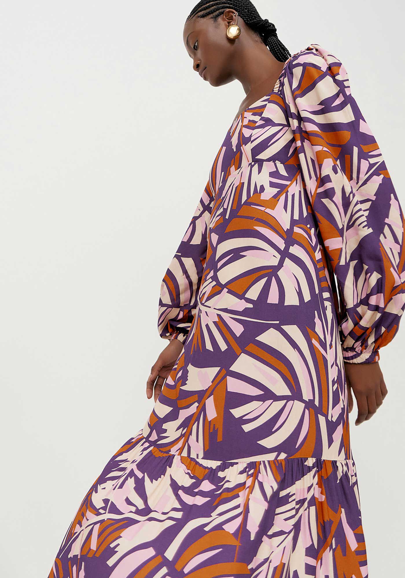 Vestido Midi Estampado com Manga Longa Bufante, , large.