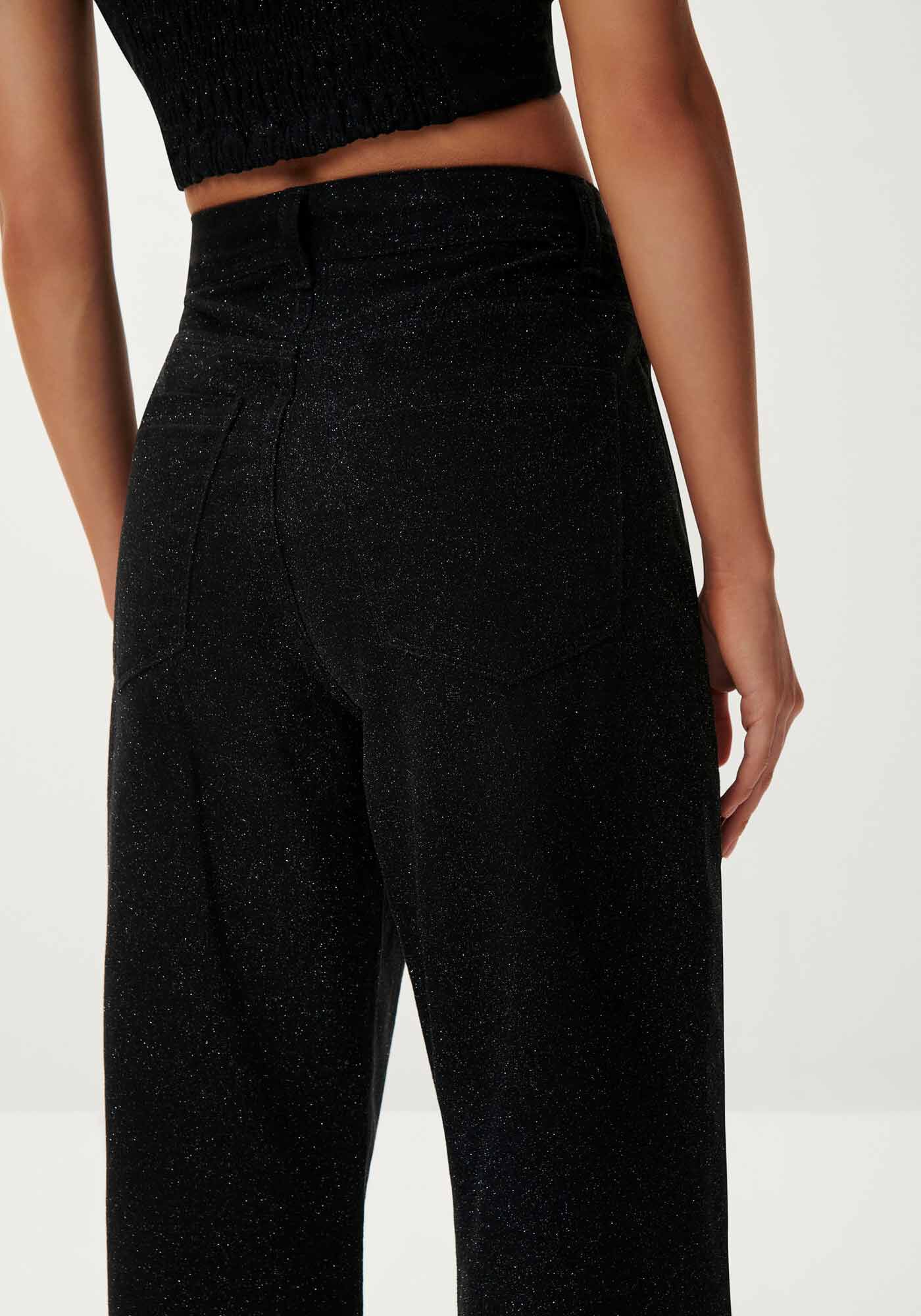 Cal&ccedil;a Sarja Reta Super Alta Cropped com Glitter, PRETO REATIVO, large.