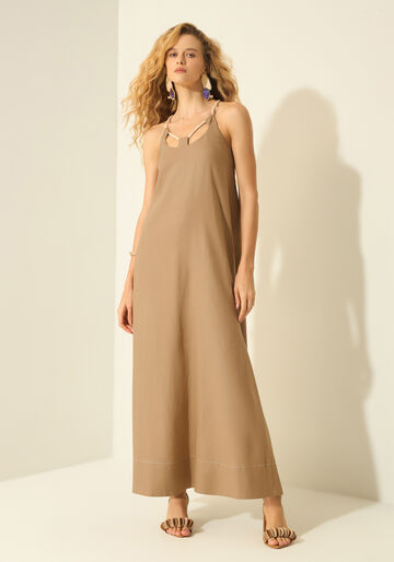 Vestido Longo De Alças Com Passantes E Linho, BEGE ALIEN. Vestido Longo De Alças Com Passantes E Linho, BEGE ALIEN, large.