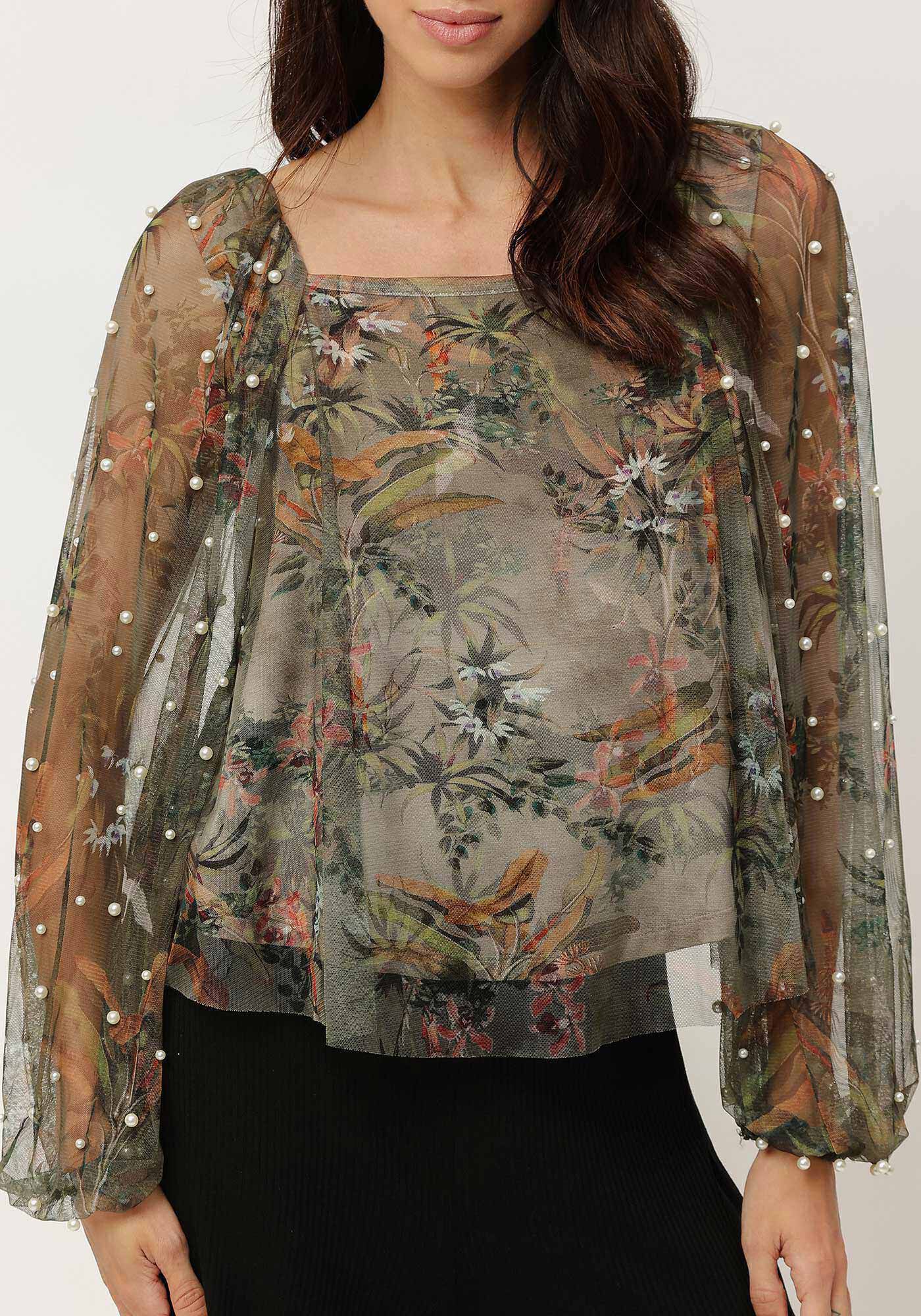 Blusa Estampada com em Tule com P&eacute;rolas, , large.