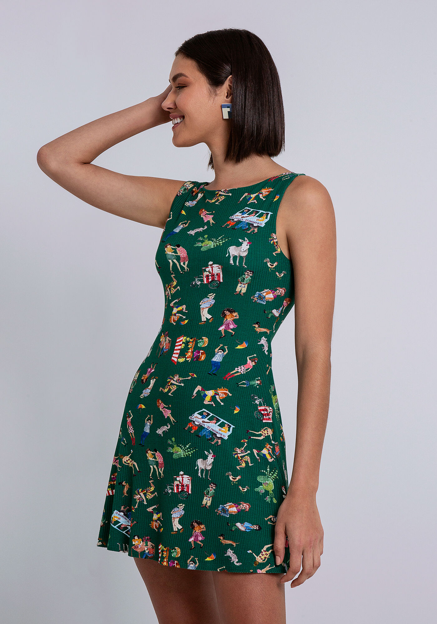 Vestido Estampado Canelado com Tiras Costas, FESTA DE RUA, large.