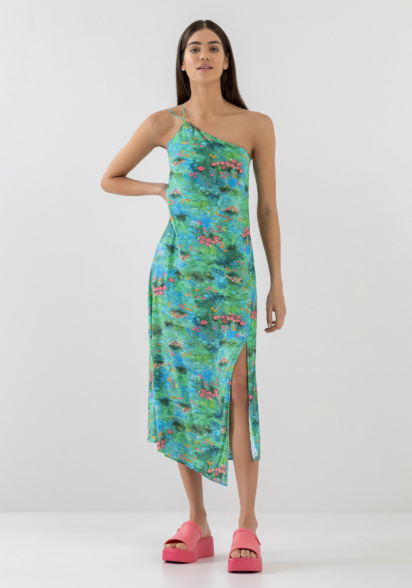 Vestido Midi Ombro S&oacute; Estampado com Fenda, ESPELHO DAGUA, large.