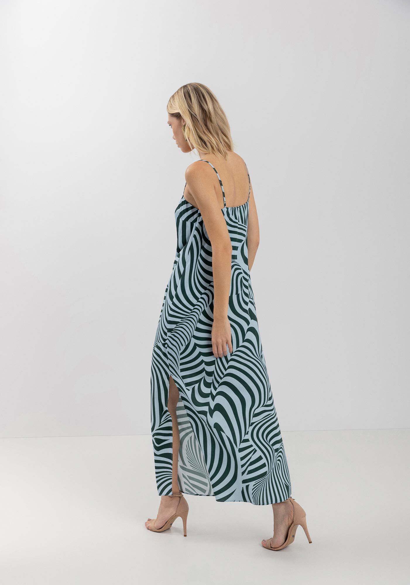 Vestido Estampado Longo Com Al&ccedil;as Finas E Fenda Lateral, SILHOUETTE AZUL, large.