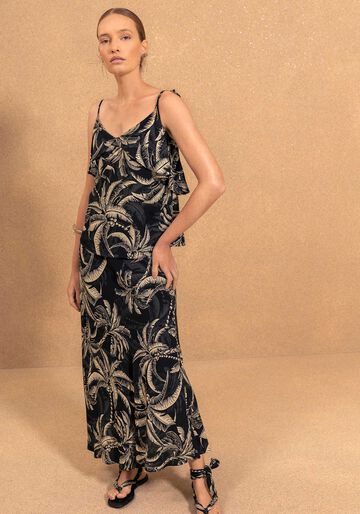 Blusa Fluida Estampada Com Babados E Alças De Amarrar, COQUEIRO PRETO. Blusa Fluida Estampada Com Babados E Alças De Amarrar, COQUEIRO PRETO, large.