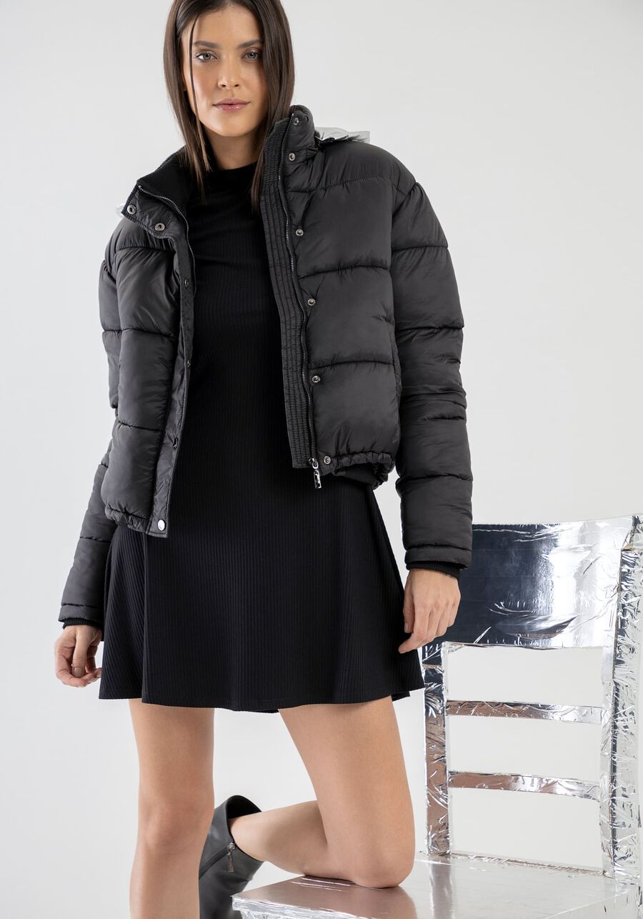 Jaqueta Puffer Máxi com Capuz Metalizado, PRETO REATIVO. Jaqueta Puffer Máxi com Capuz Metalizado, PRETO REATIVO, large.