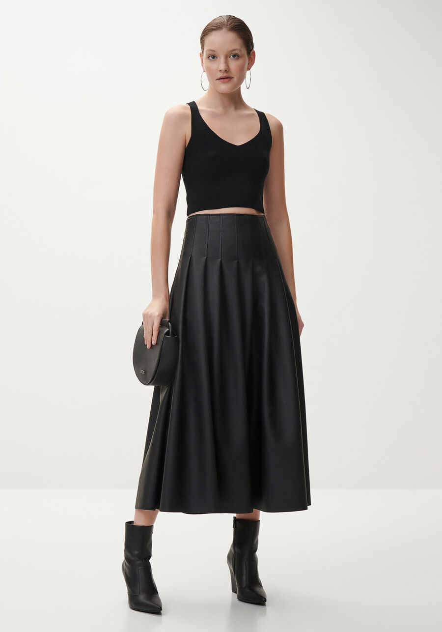 Saia Midi em PU com Pregas, . Saia Midi em PU com Pregas, , large.