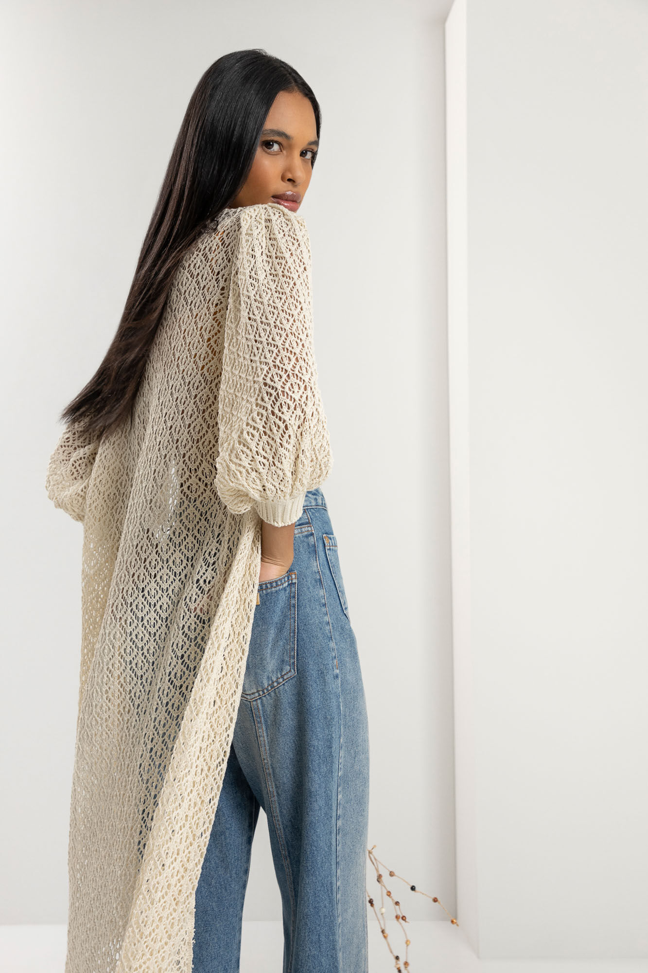 Cardigan Longo em Tric&ocirc; com Manga Bufante, BEGE VALSA, large.