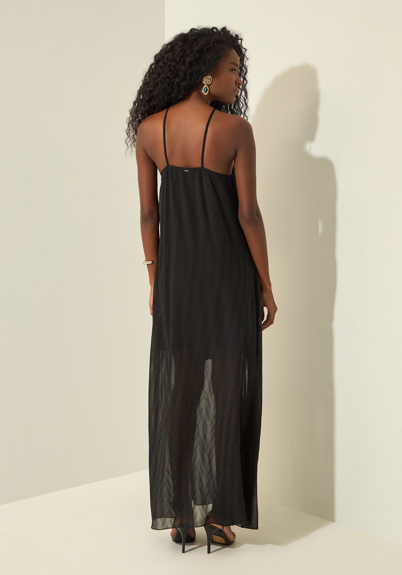 Vestido Longo De Al&ccedil;as Em Chiffon, PRETO, large.