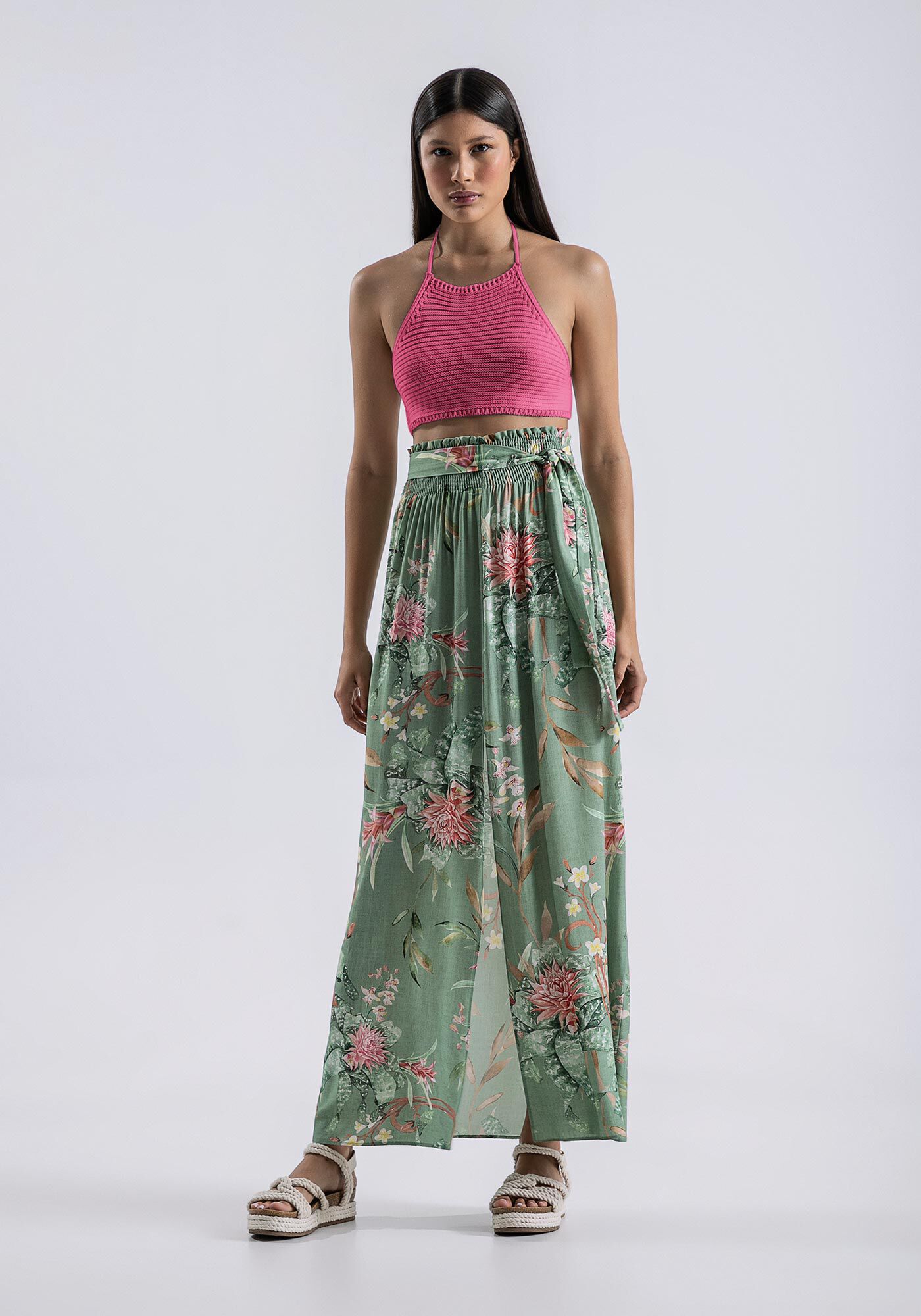 Saia Midi Estampada em Viscose com Fenda, , large.