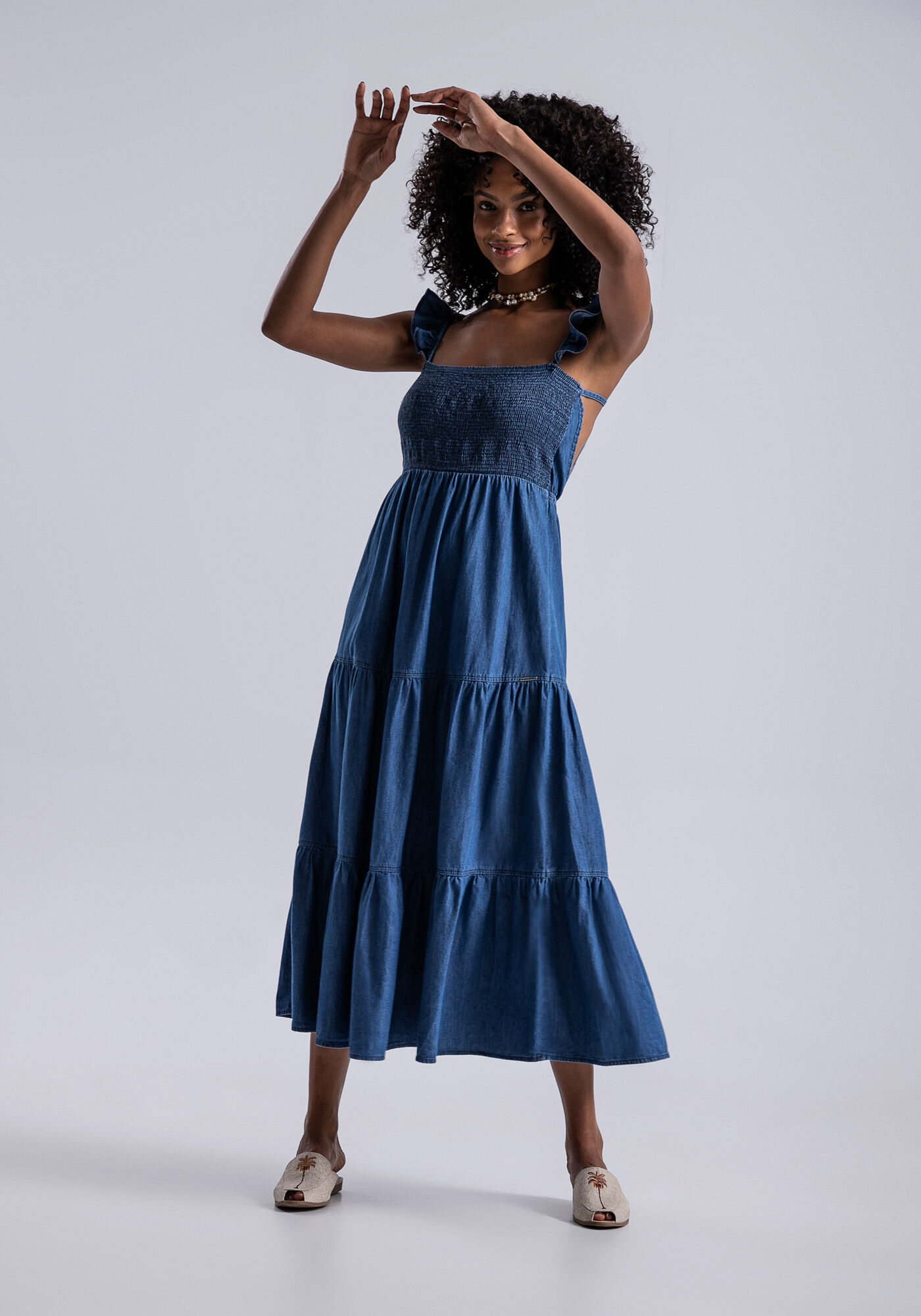 Vestido jeans com babado no ombro discount