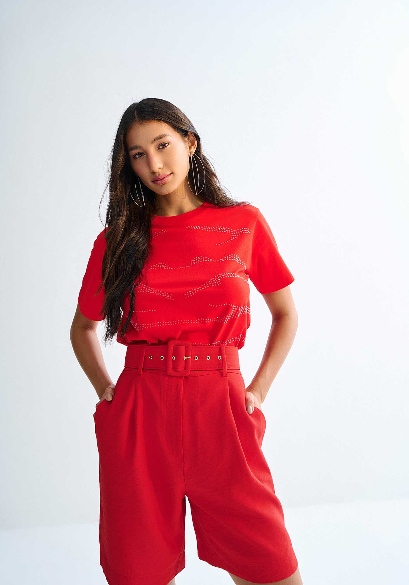 T-shirt em Malha Prime com Strass Liner, VERMELHO REDDISH, large.