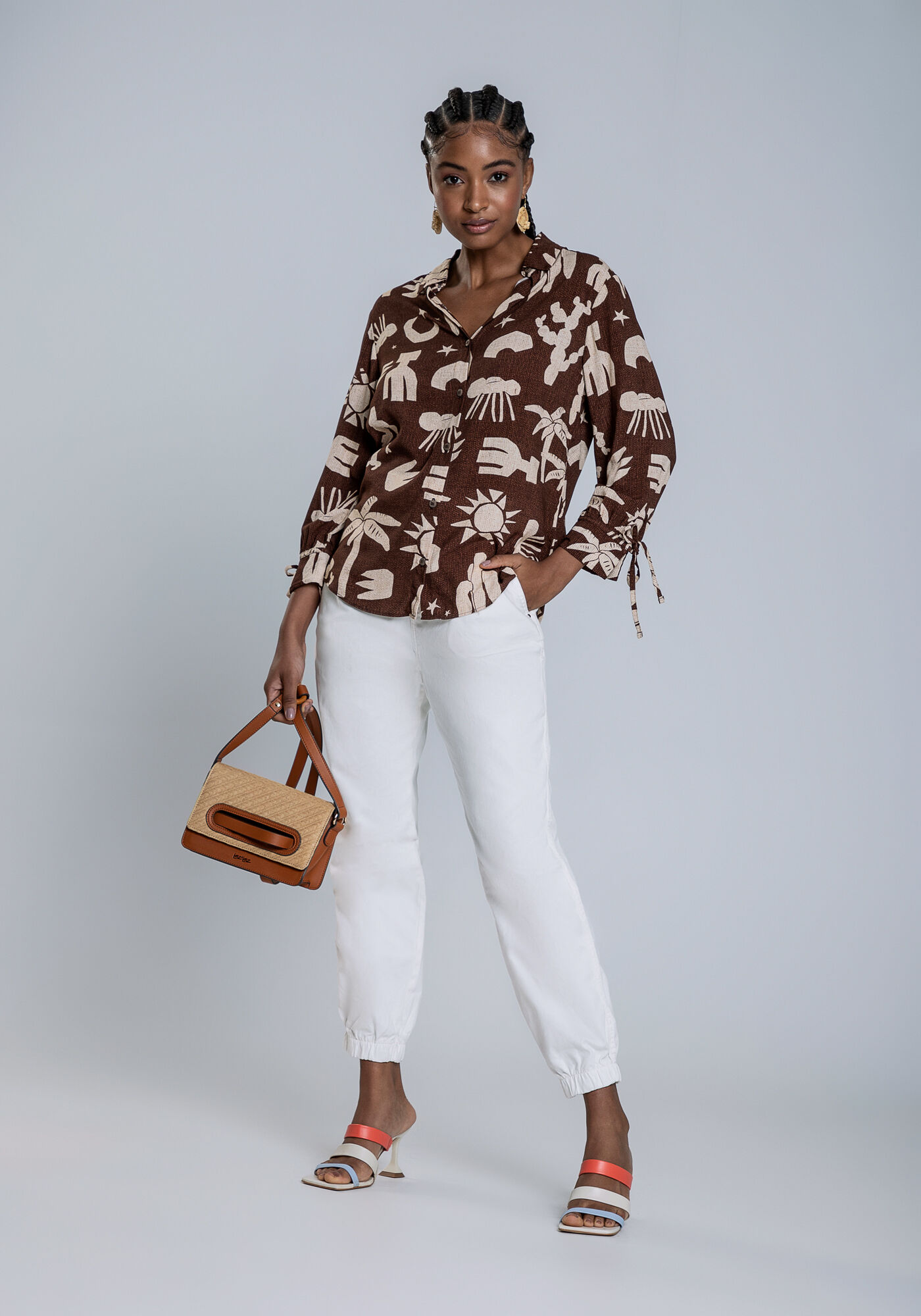 Camisa Mangas 3/4 em Viscose Estampada, CATIMBAU, large.